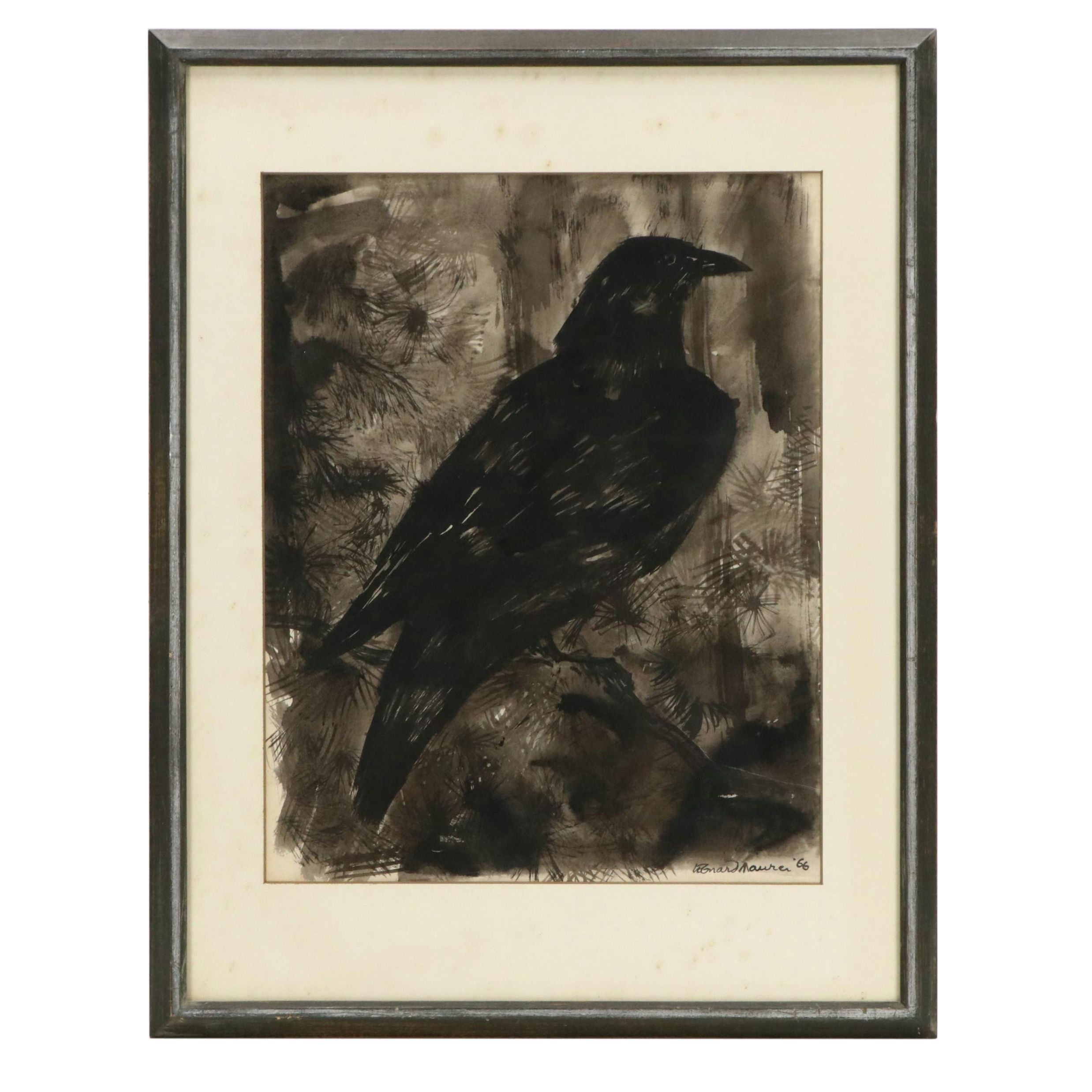 Leonard Maurer Ink Painting of Raven, 1966