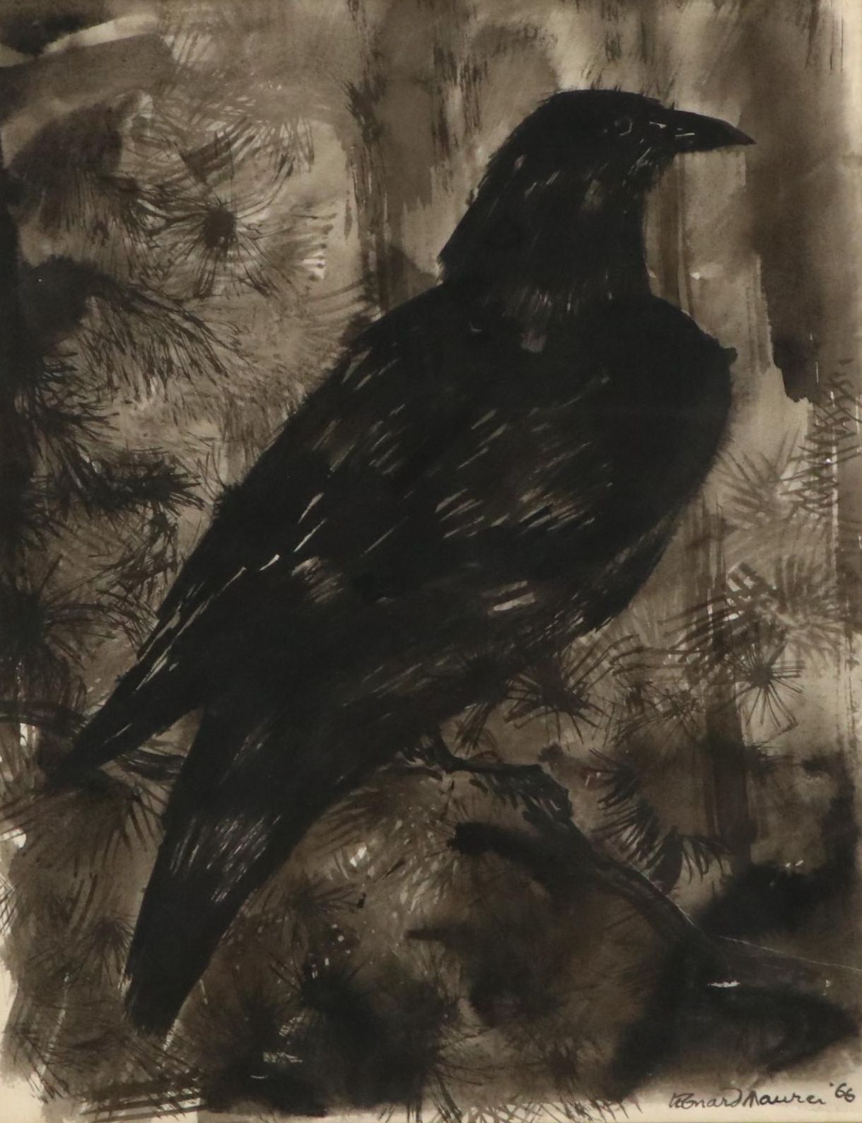 Leonard Maurer Ink Painting of Raven, 1966