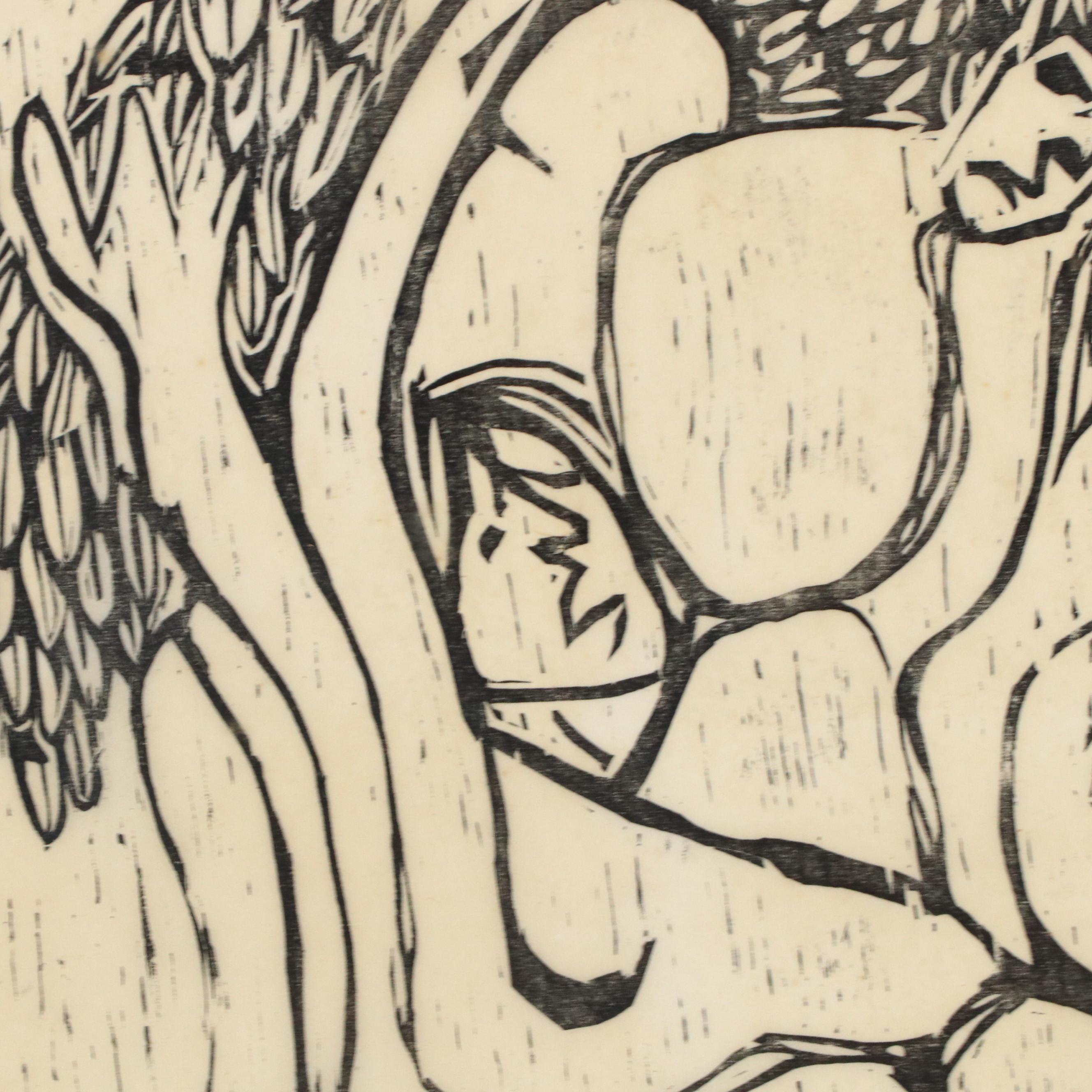 Leonard Maurer Stylized Figurative Woodcut "Jacob and the Angel #2," 1971