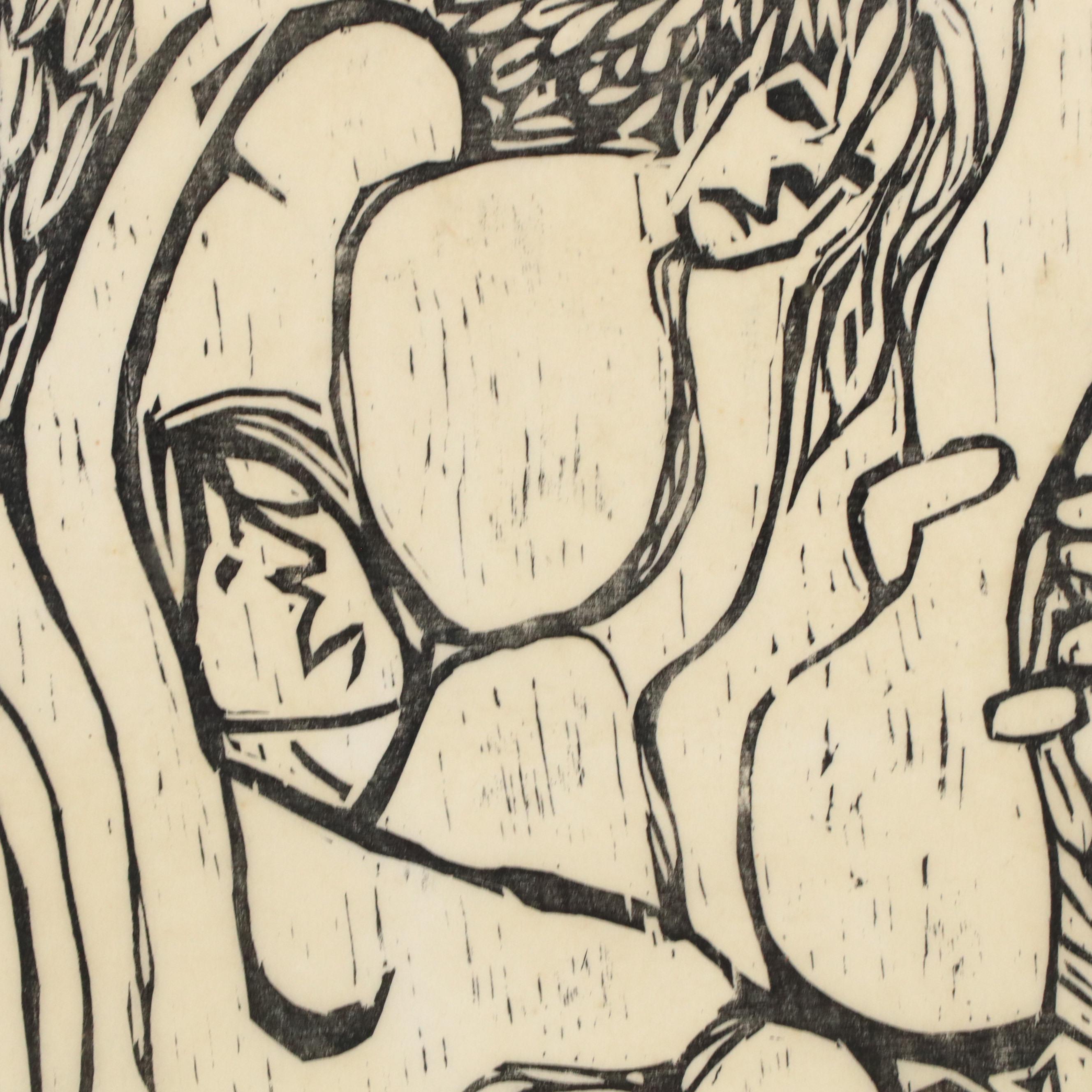 Leonard Maurer Stylized Figurative Woodcut "Jacob and the Angel #2," 1971