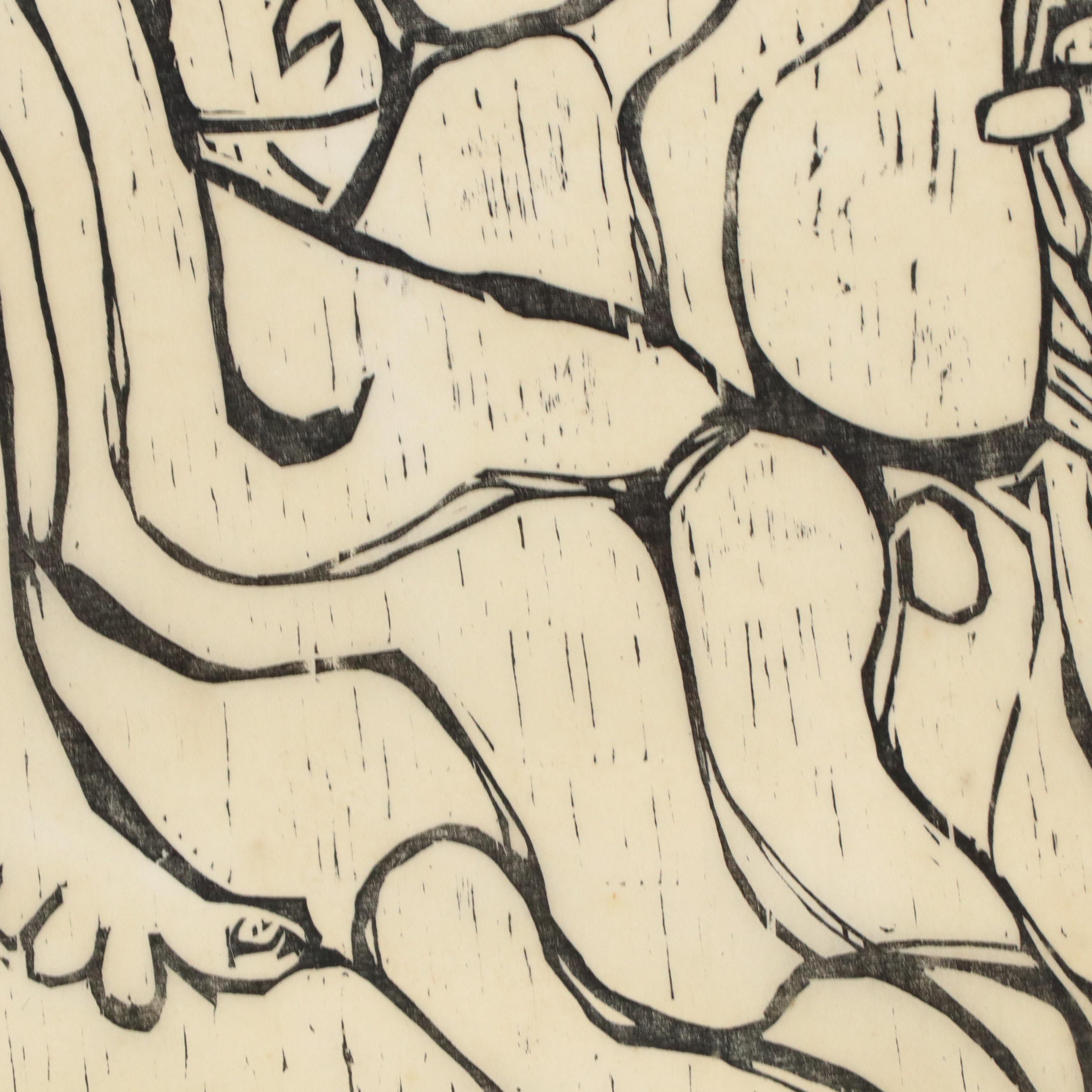 Leonard Maurer Stylized Figurative Woodcut "Jacob and the Angel #2," 1971