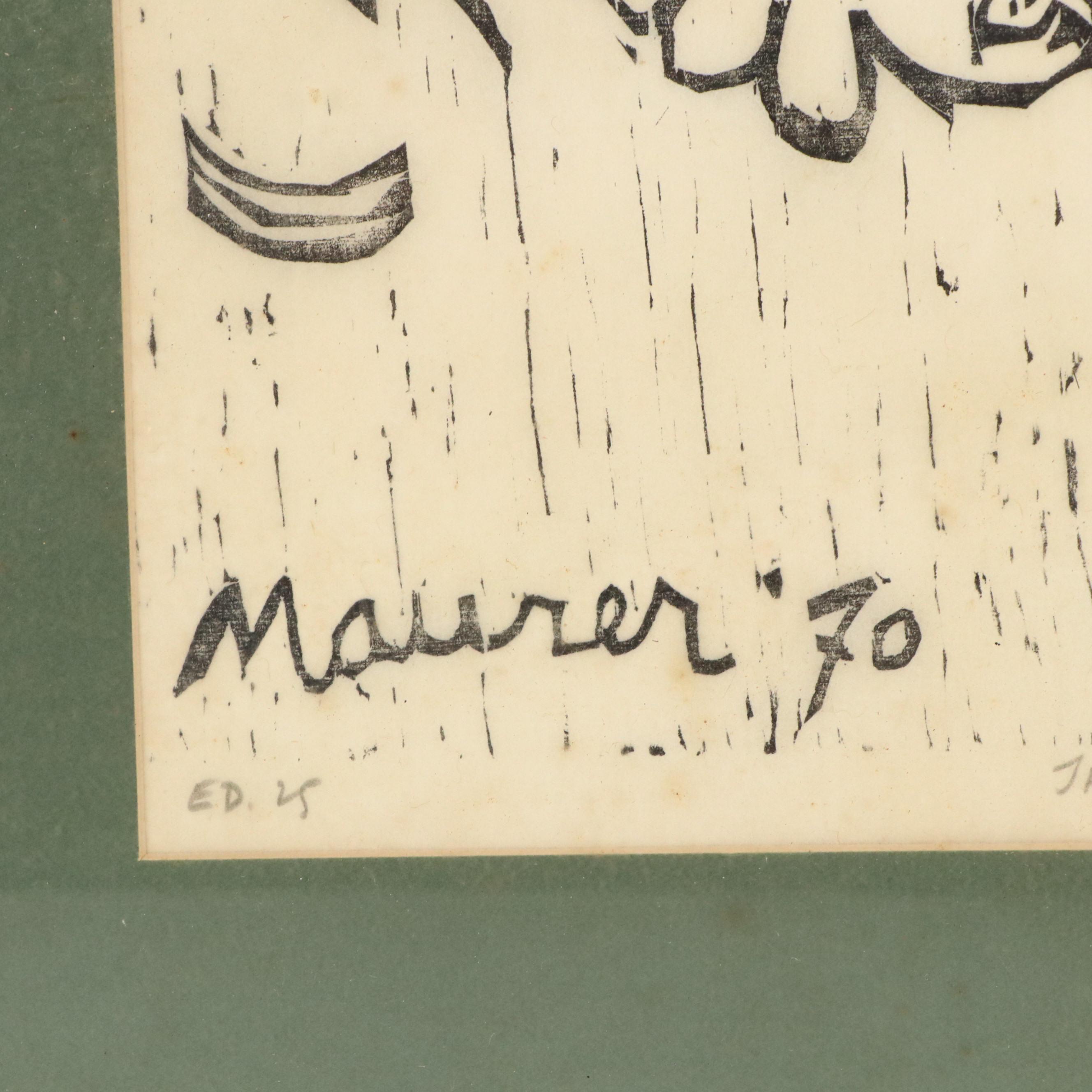 Leonard Maurer Stylized Figurative Woodcut "Jacob and the Angel #2," 1971