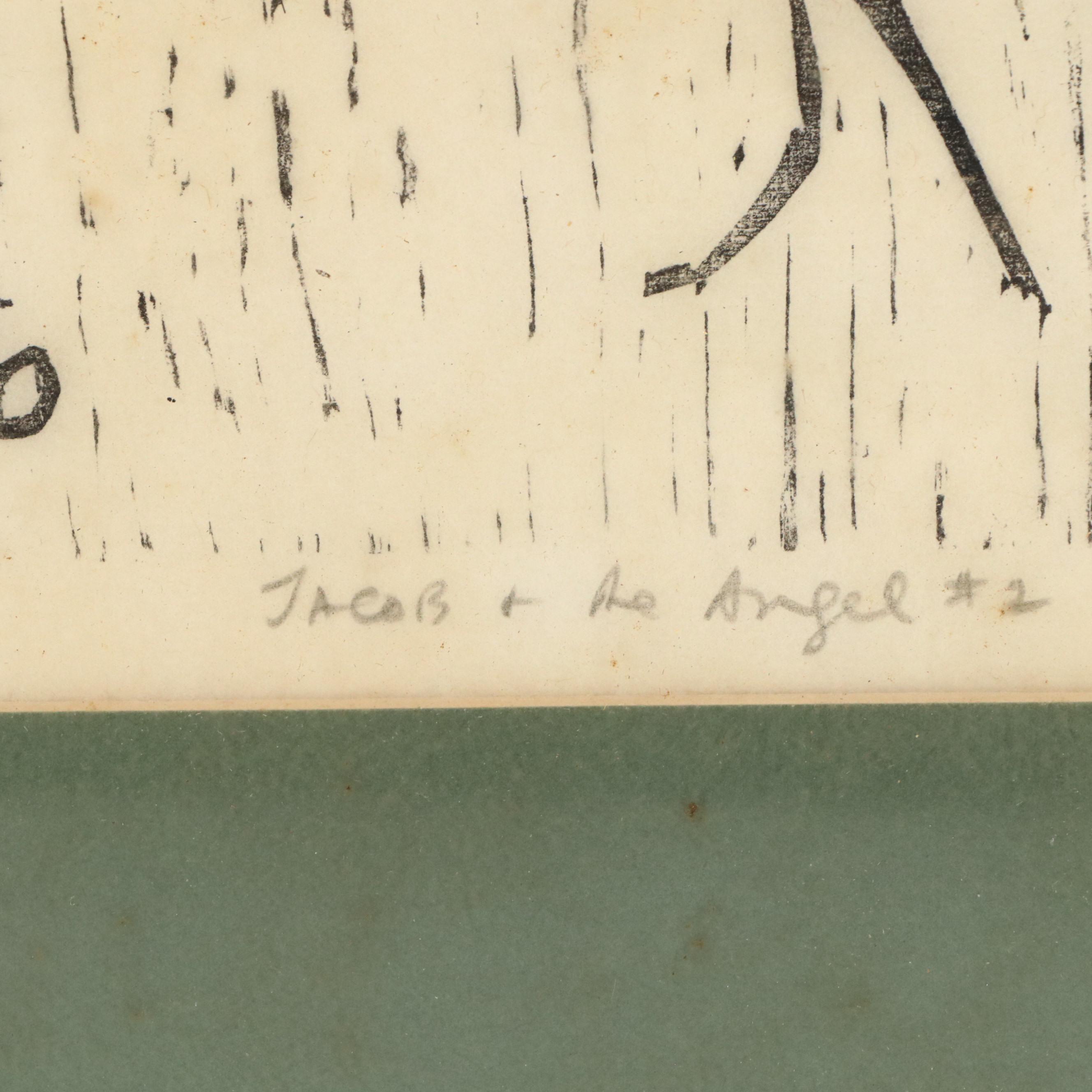 Leonard Maurer Stylized Figurative Woodcut "Jacob and the Angel #2," 1971