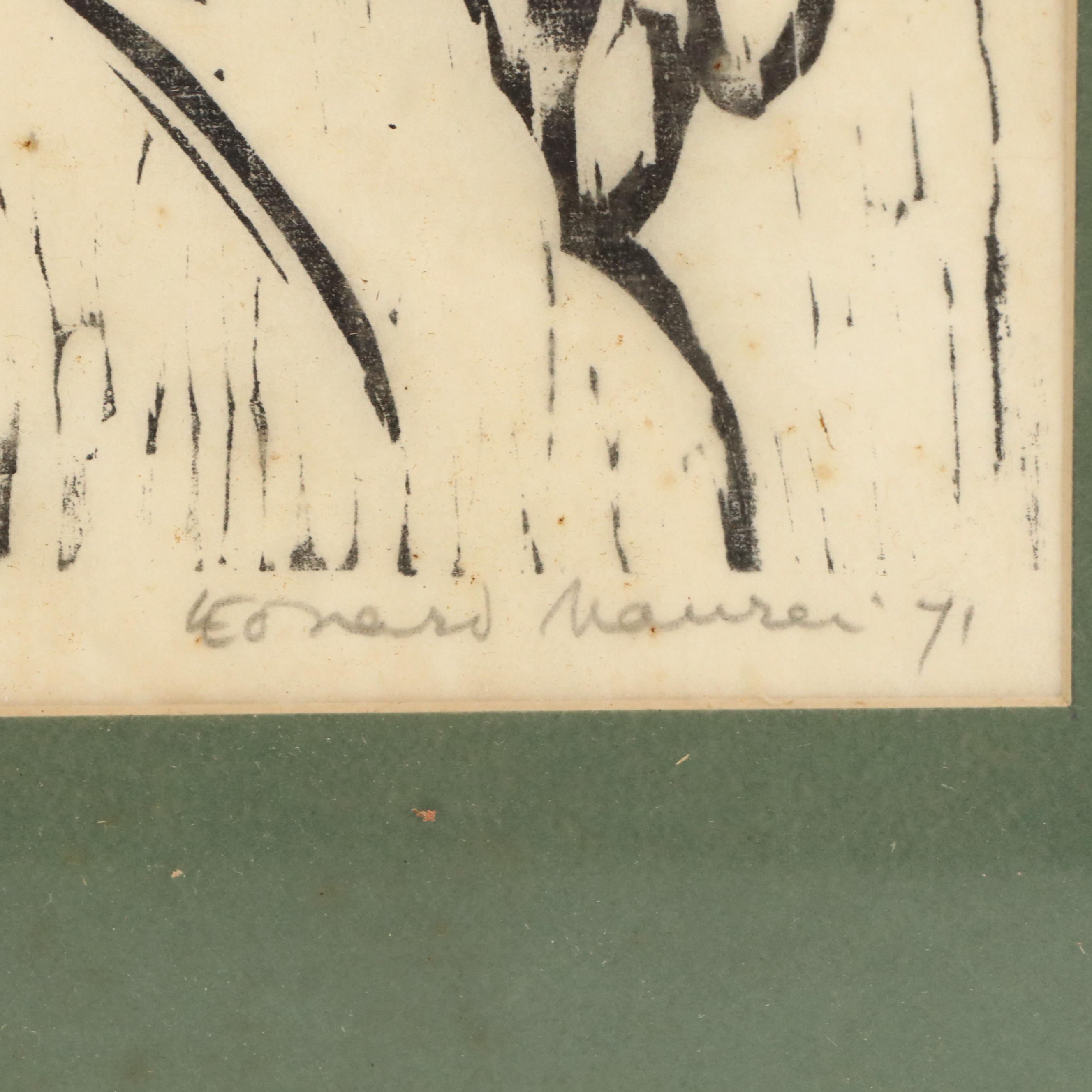 Leonard Maurer Stylized Figurative Woodcut "Jacob and the Angel #2," 1971