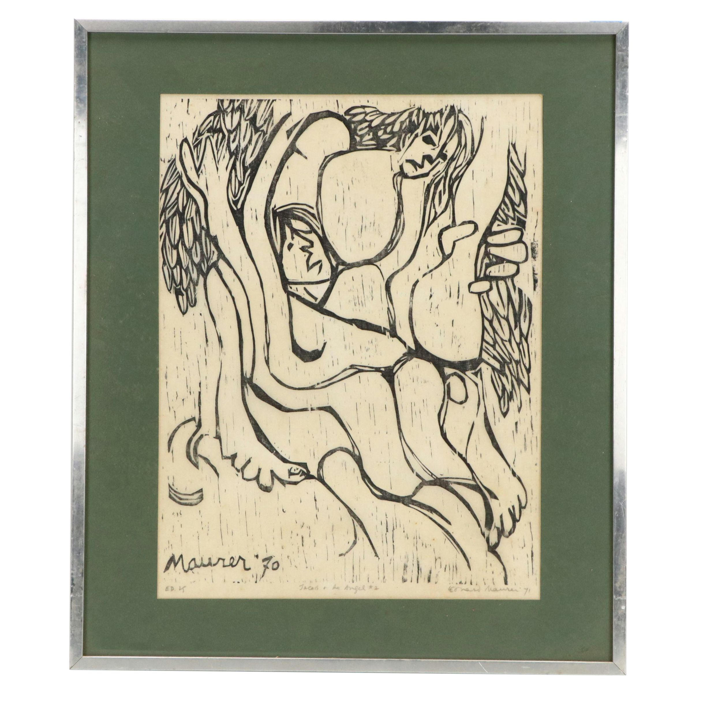 Leonard Maurer Stylized Figurative Woodcut "Jacob and the Angel #2," 1971