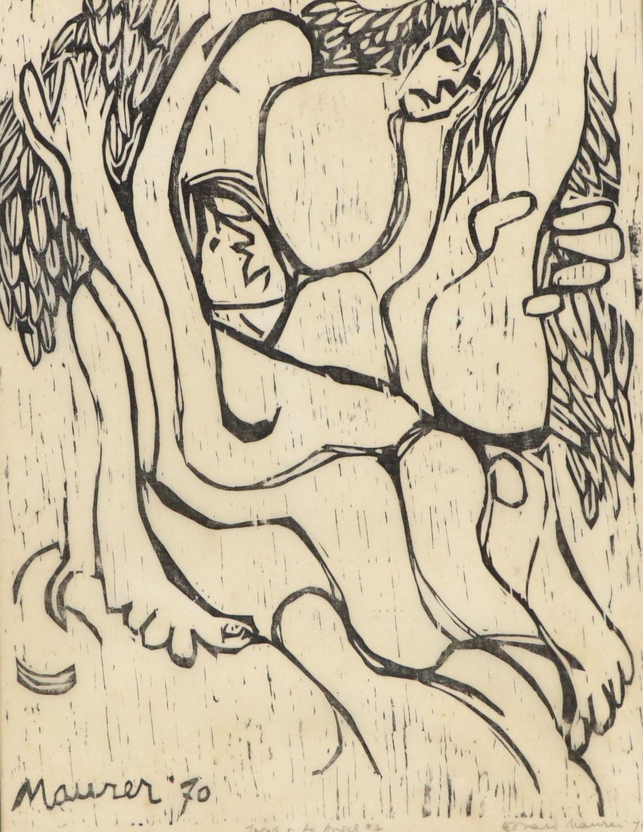 Leonard Maurer Stylized Figurative Woodcut "Jacob and the Angel #2," 1971