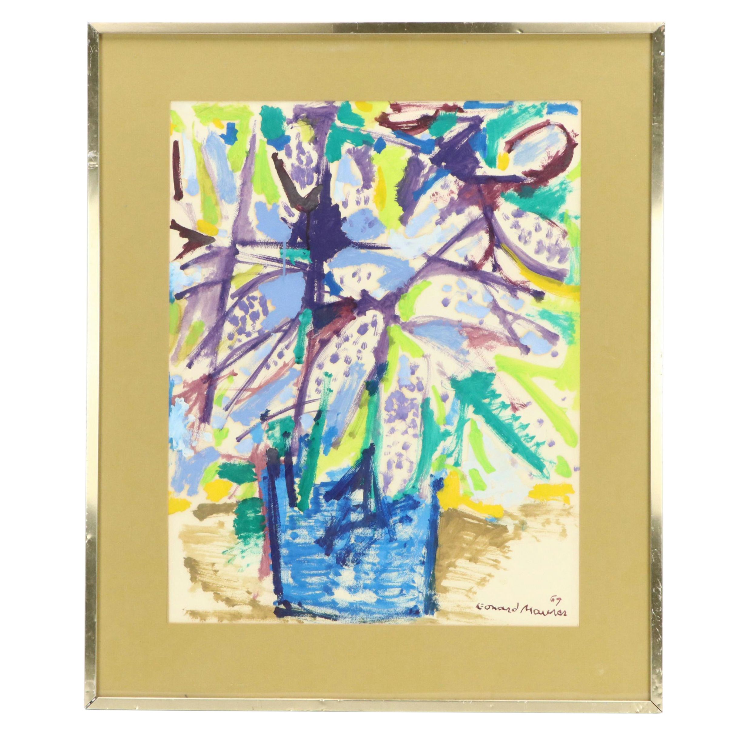 Leonard Maurer Stylized Floral Still Life Acrylic Painting, 1967