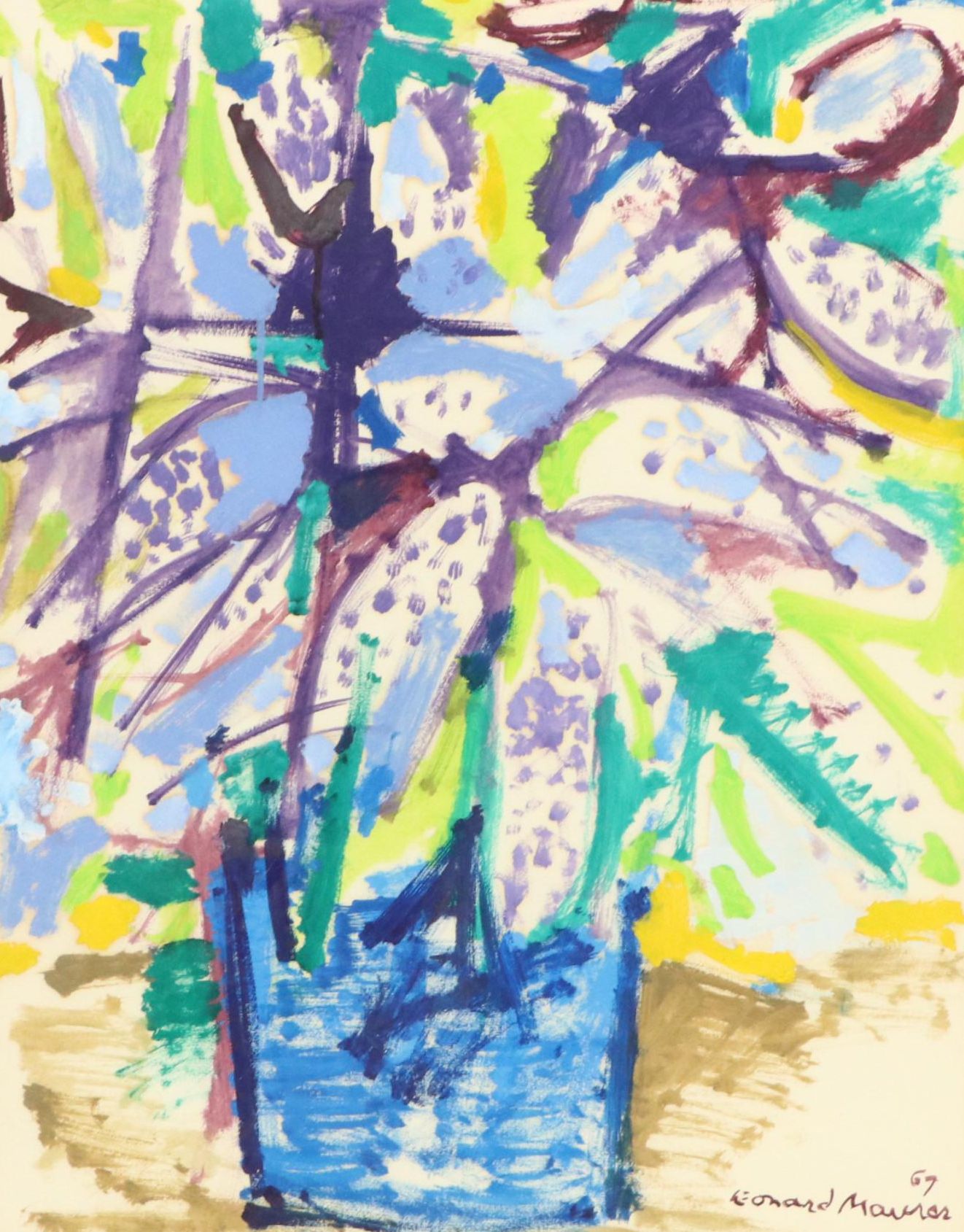 Leonard Maurer Stylized Floral Still Life Acrylic Painting, 1967