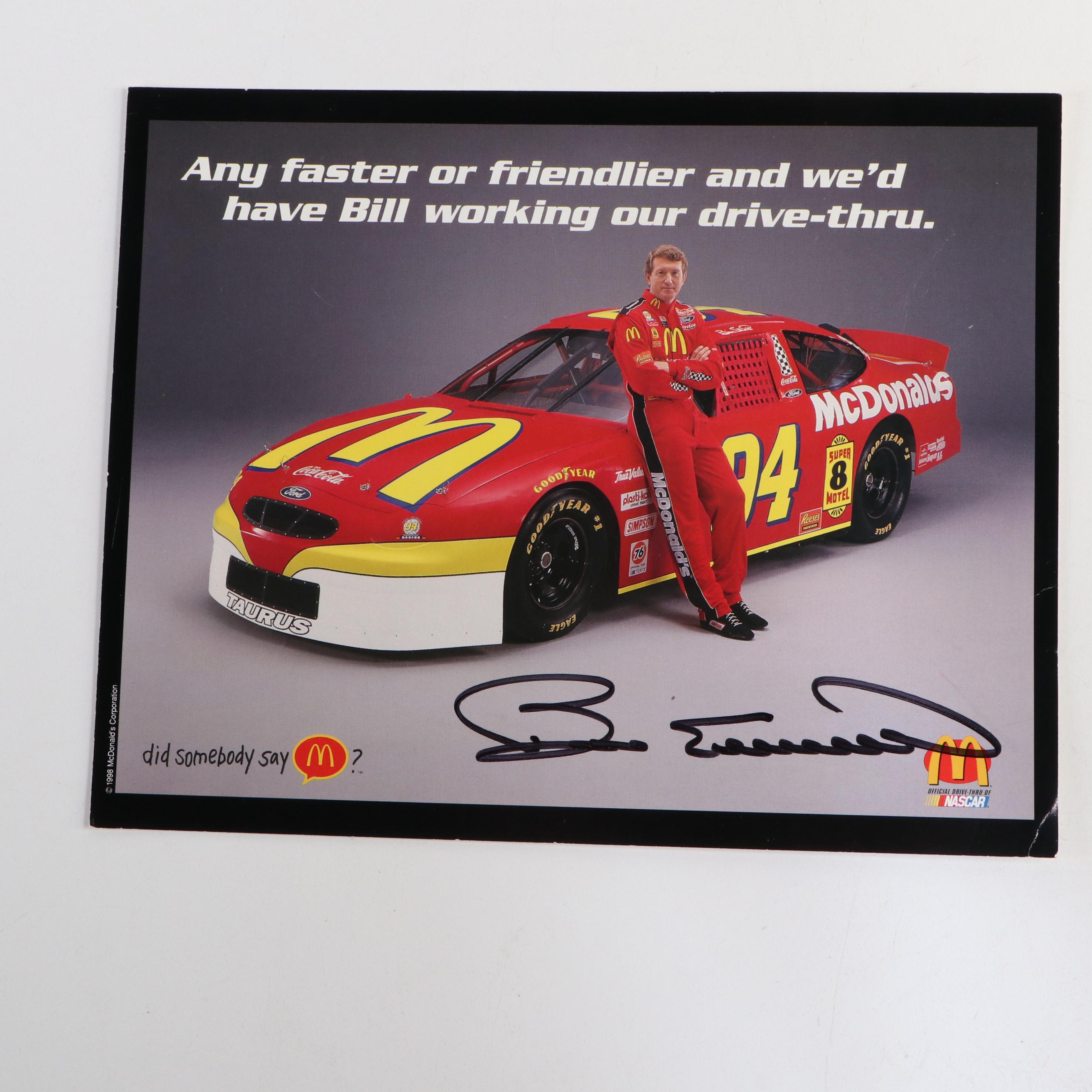Bill Elliott Signed Event Pass, Diecast Car, and NASCAR Print