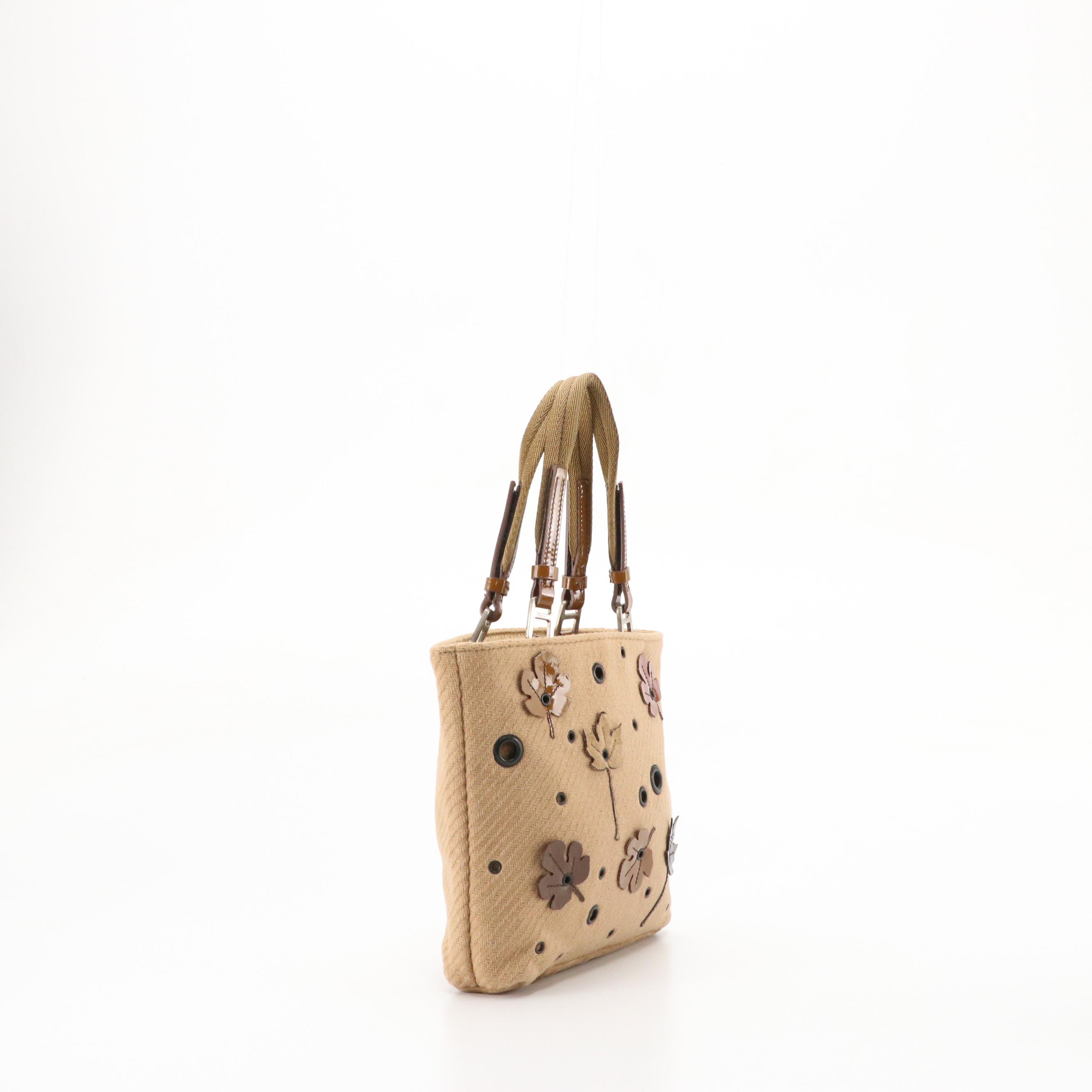 Prada Autumn Leaf Applique and Grommet Small Tote in Brown Wool