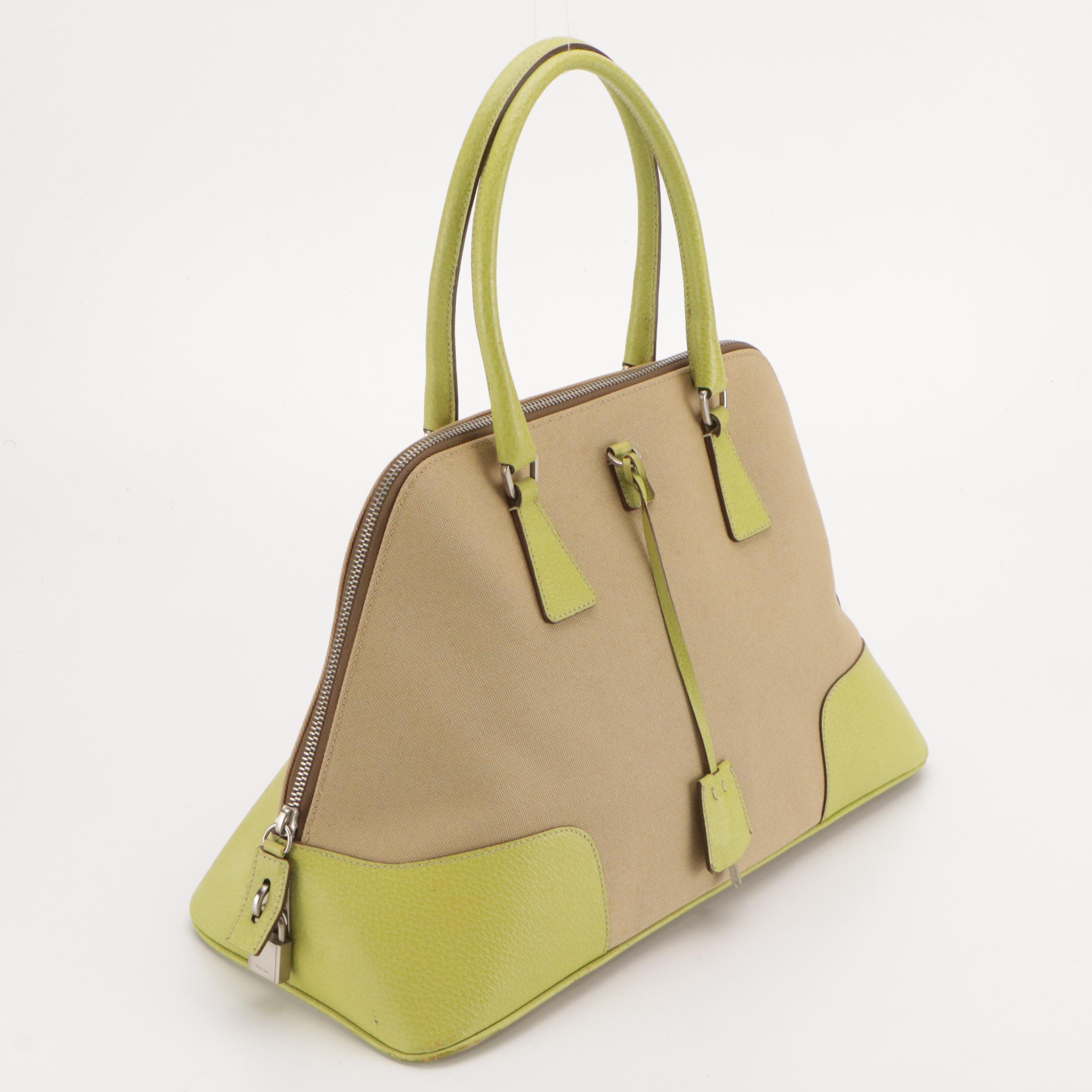 Prada Zip-Around Handbag in Beige Canapa Canvas and Lime Green Cinghiale Leather