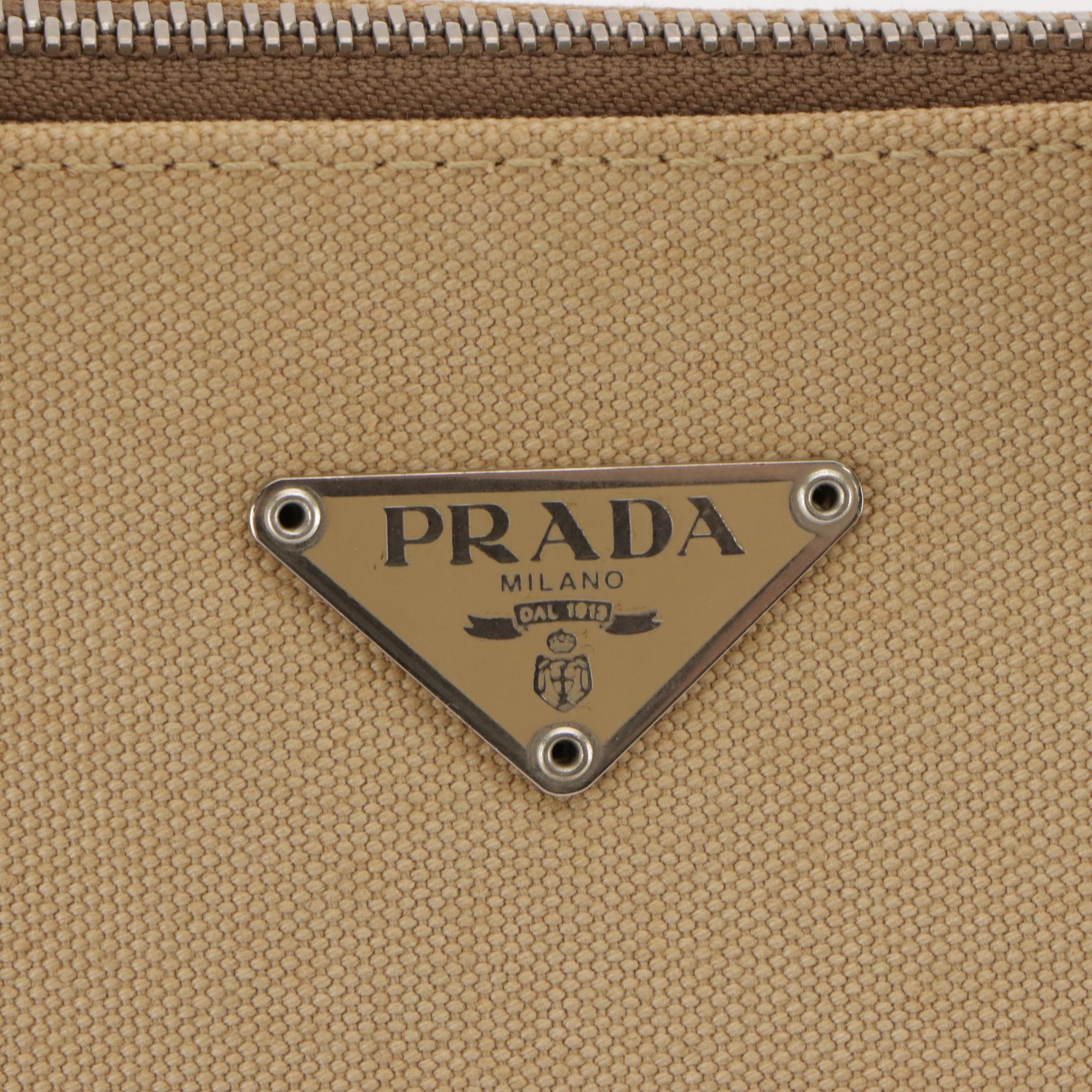 Prada Zip-Around Handbag in Beige Canapa Canvas and Lime Green Cinghiale Leather