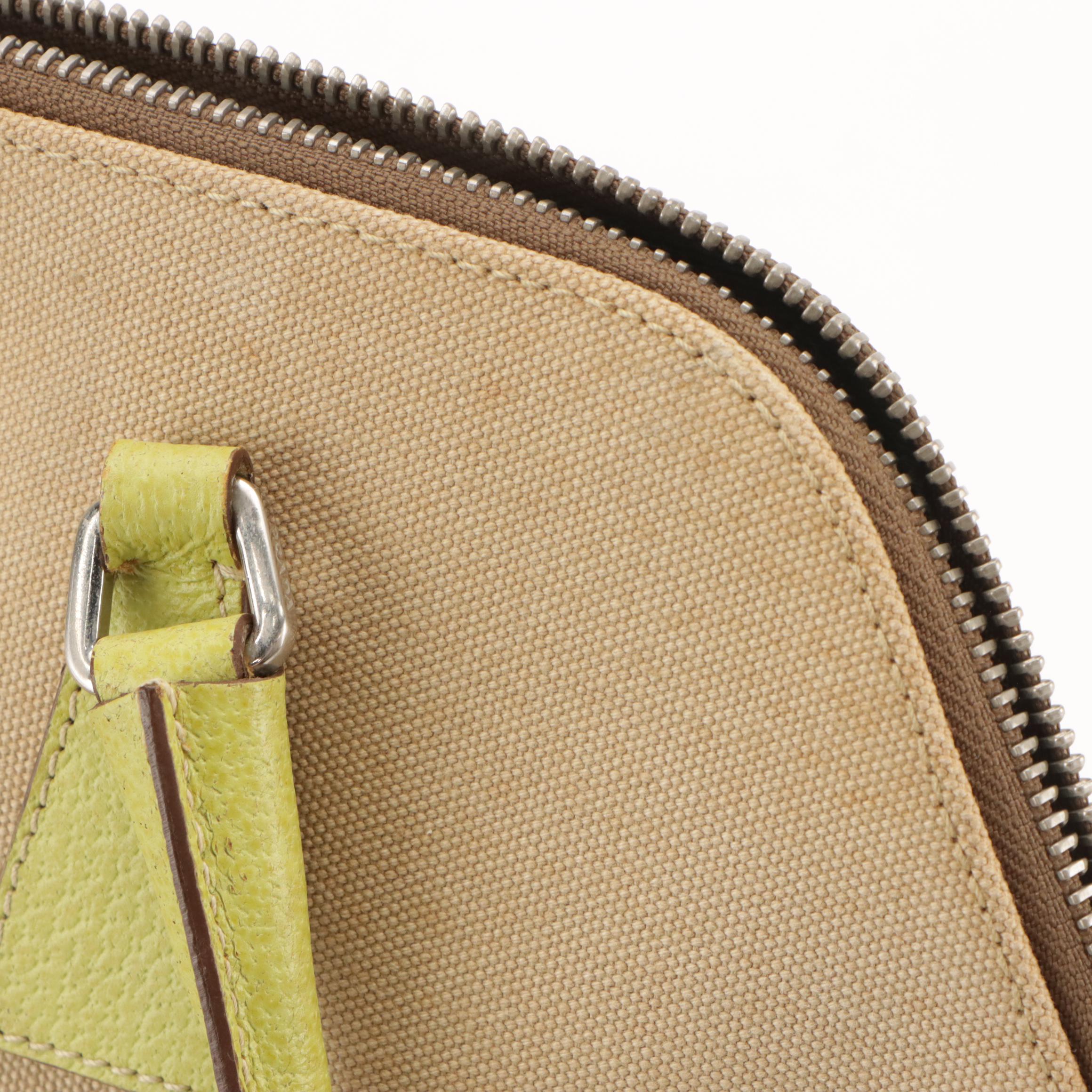 Prada Zip-Around Handbag in Beige Canapa Canvas and Lime Green Cinghiale Leather