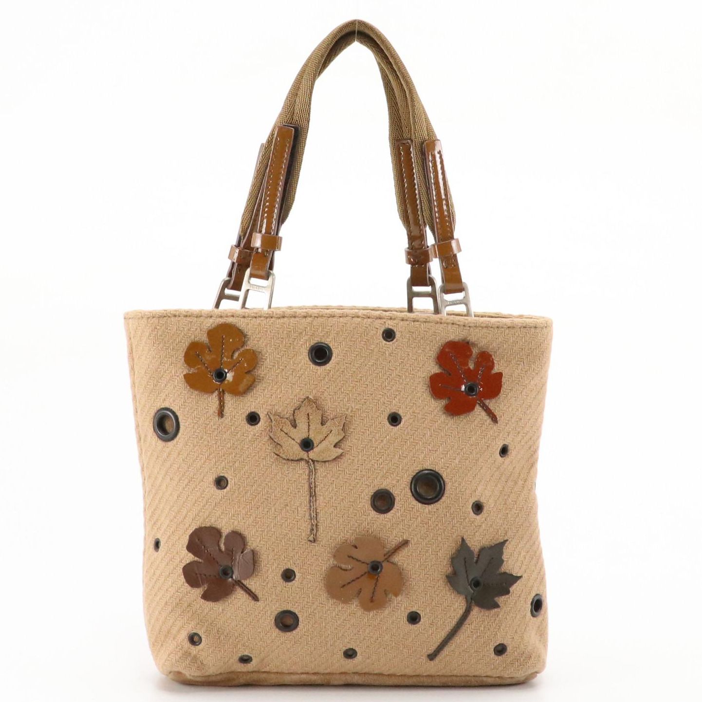 Prada Autumn Leaf Applique and Grommet Small Tote in Brown Wool