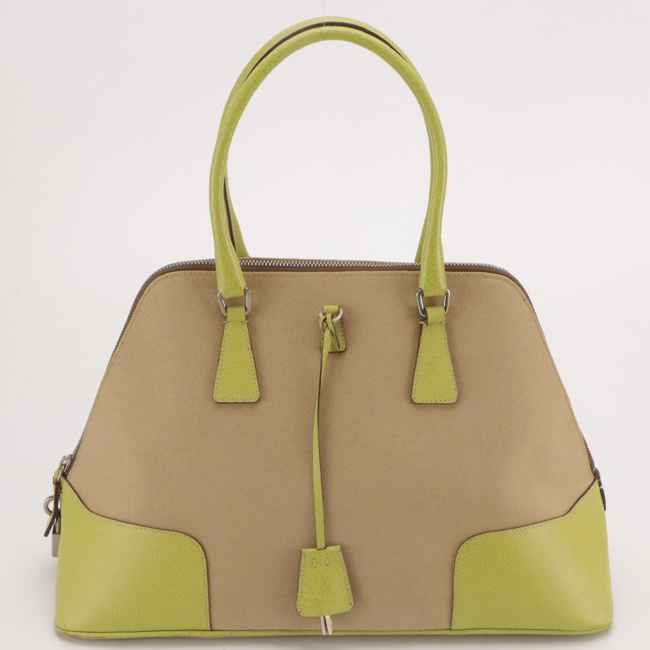 Prada Zip-Around Handbag in Beige Canapa Canvas and Lime Green Cinghiale Leather