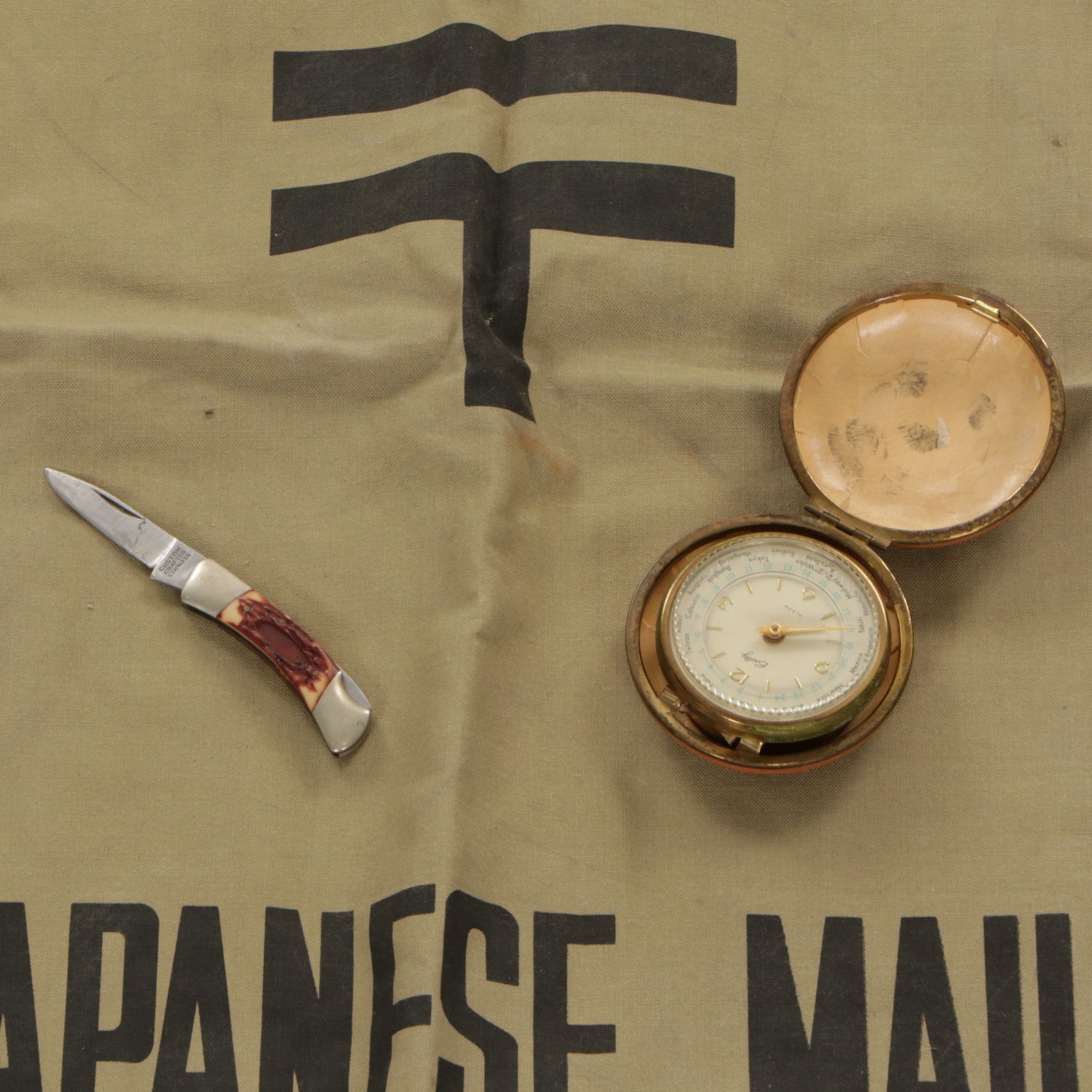 Japanese Canvas Mail Sack with Bradley Travel Alarm Clock and Pocket Knife