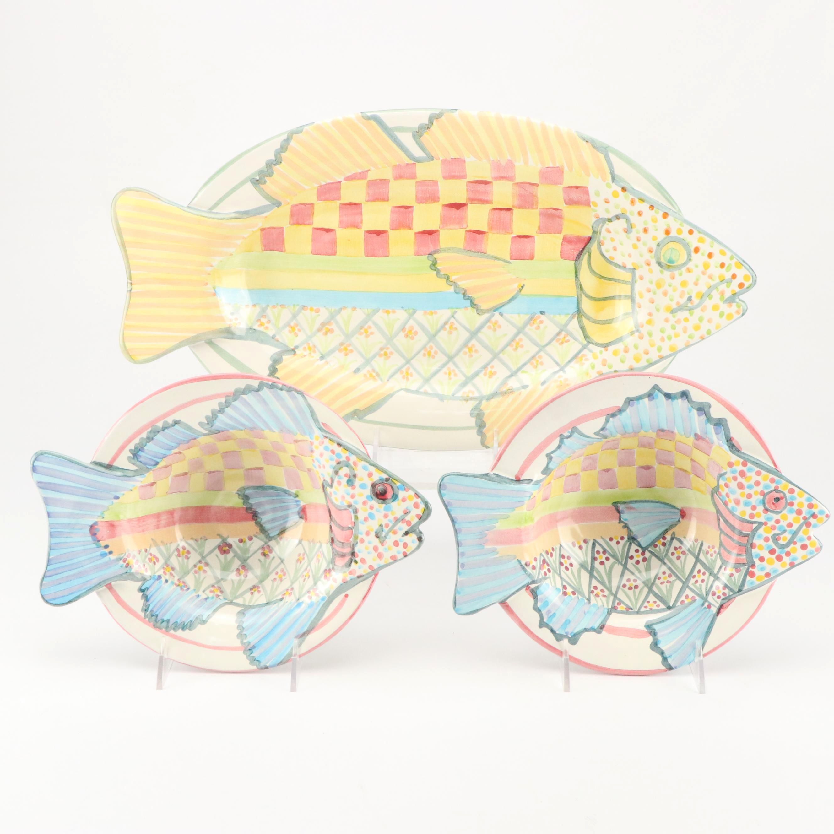 MacKenzie-Childs Ceramic Fish Platter and Bowls