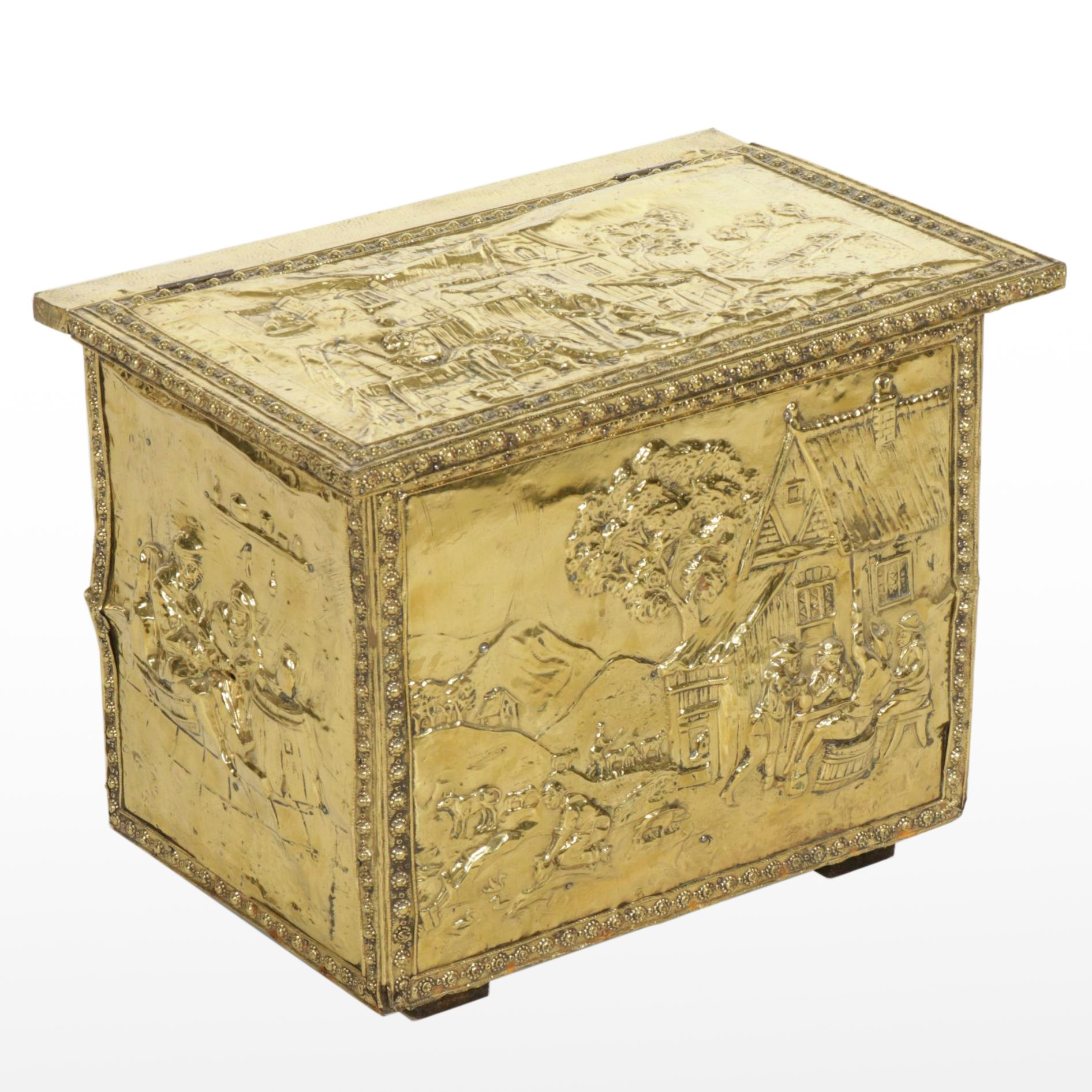 Embossed Brass Over Wood Firewood Box, Early 20th Century