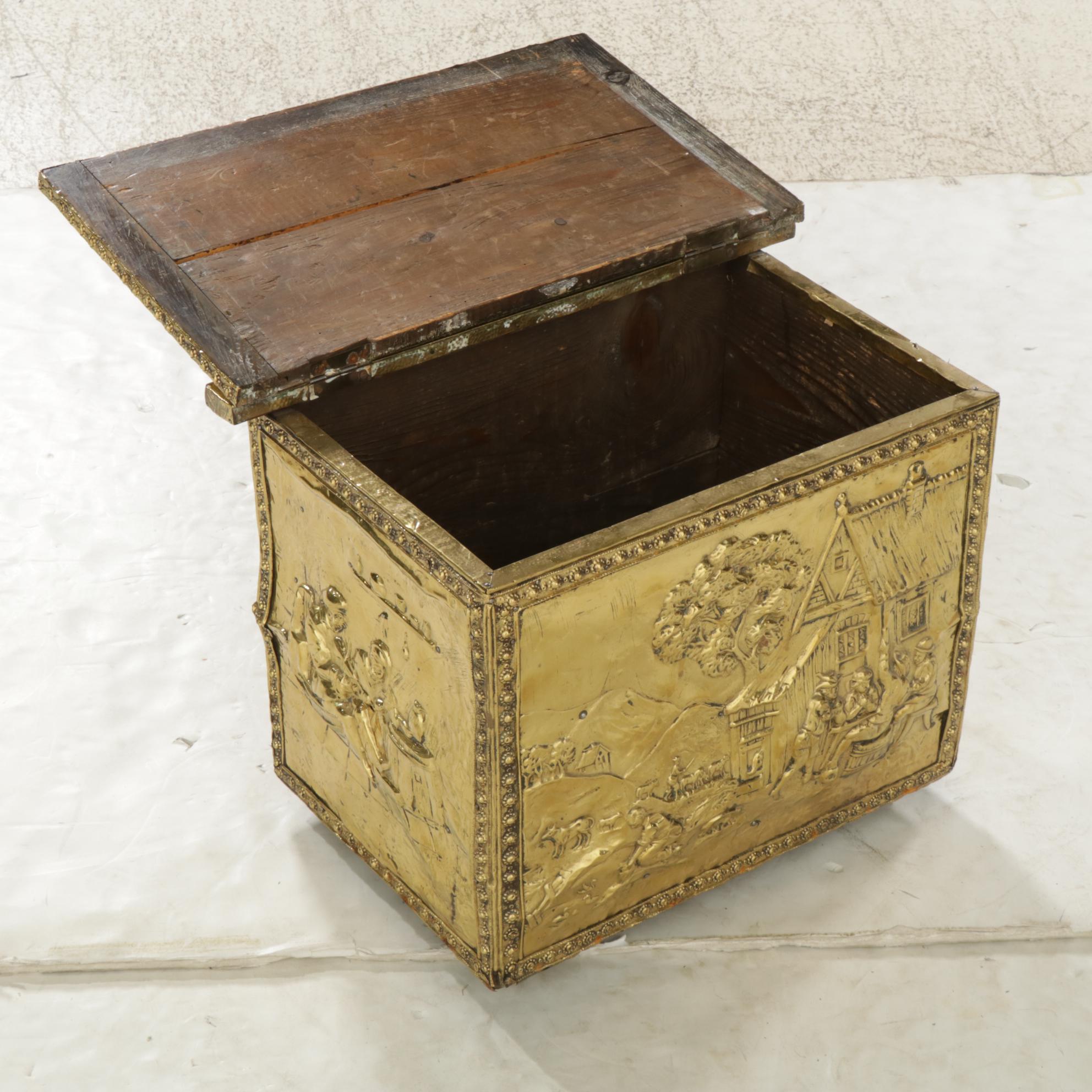 Embossed Brass Over Wood Firewood Box, Early 20th Century