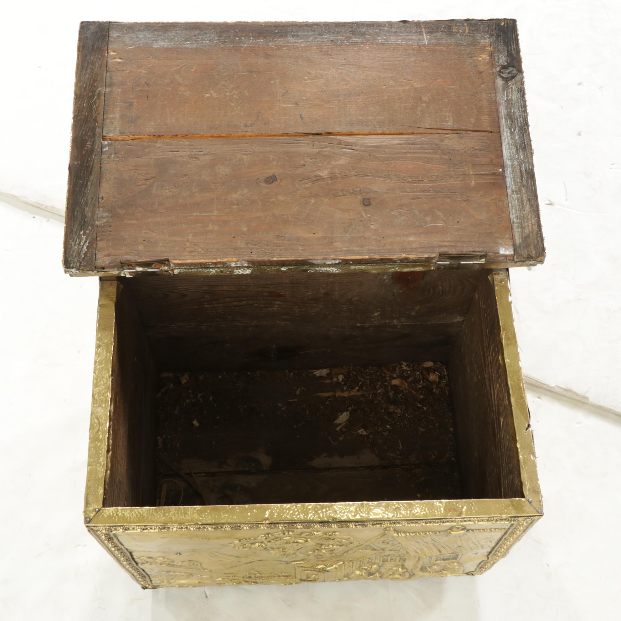 Embossed Brass Over Wood Firewood Box, Early 20th Century