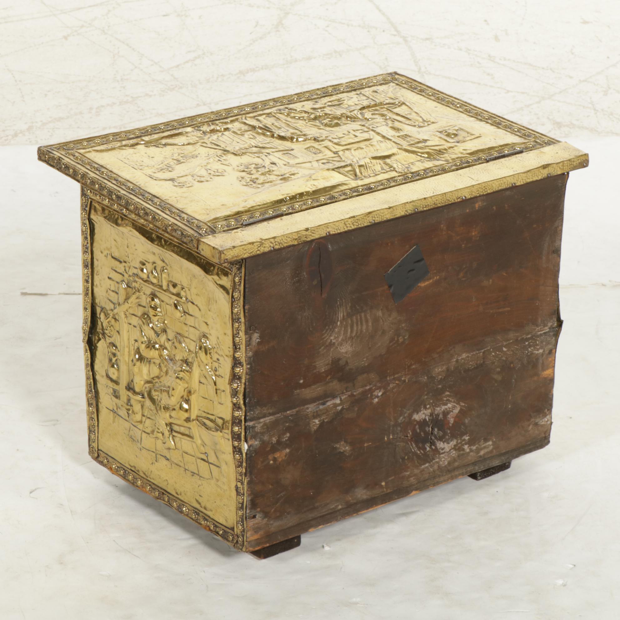 Embossed Brass Over Wood Firewood Box, Early 20th Century