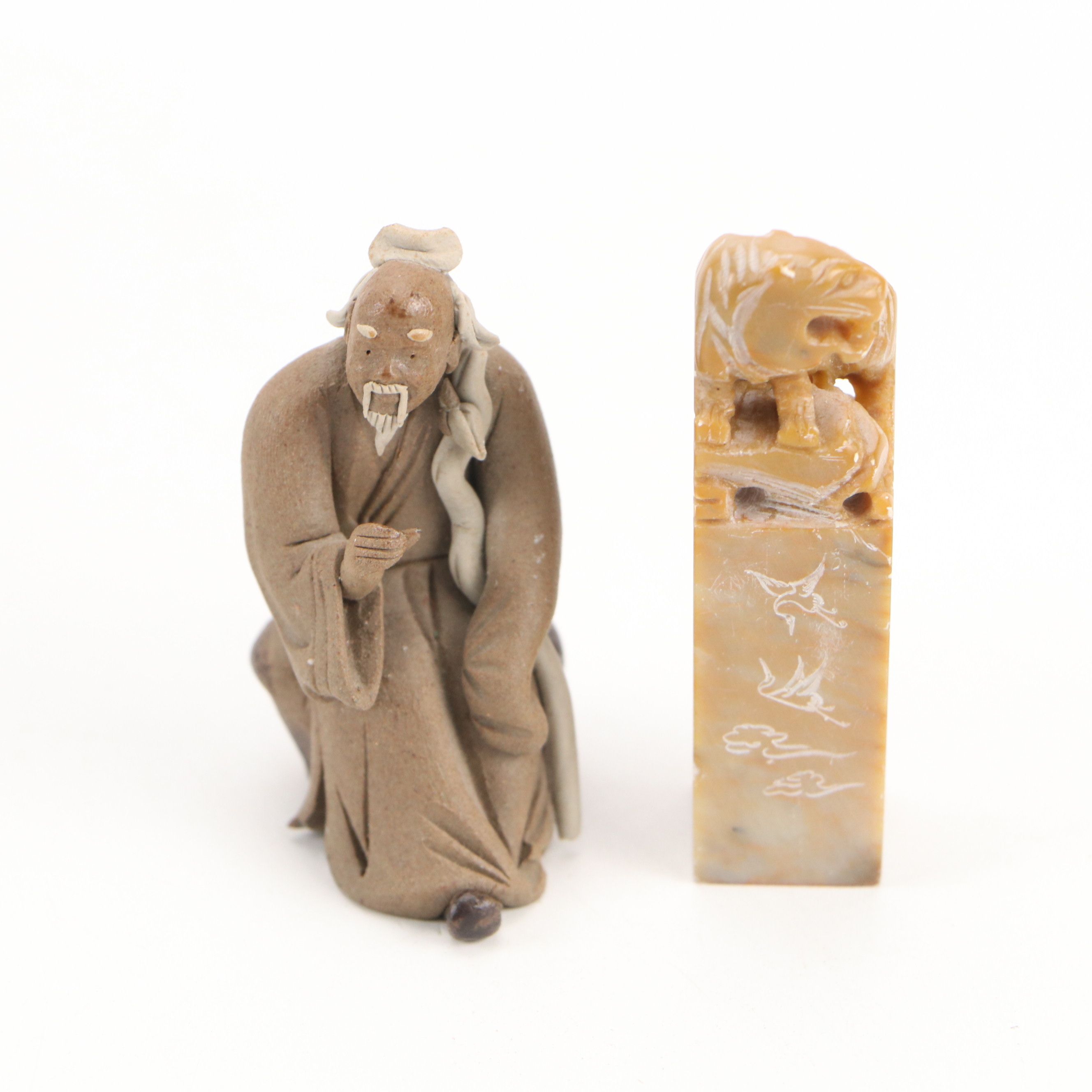 Rose Quartz Cat Figurine, Soapstone Chop Seal, and Other Collectibles