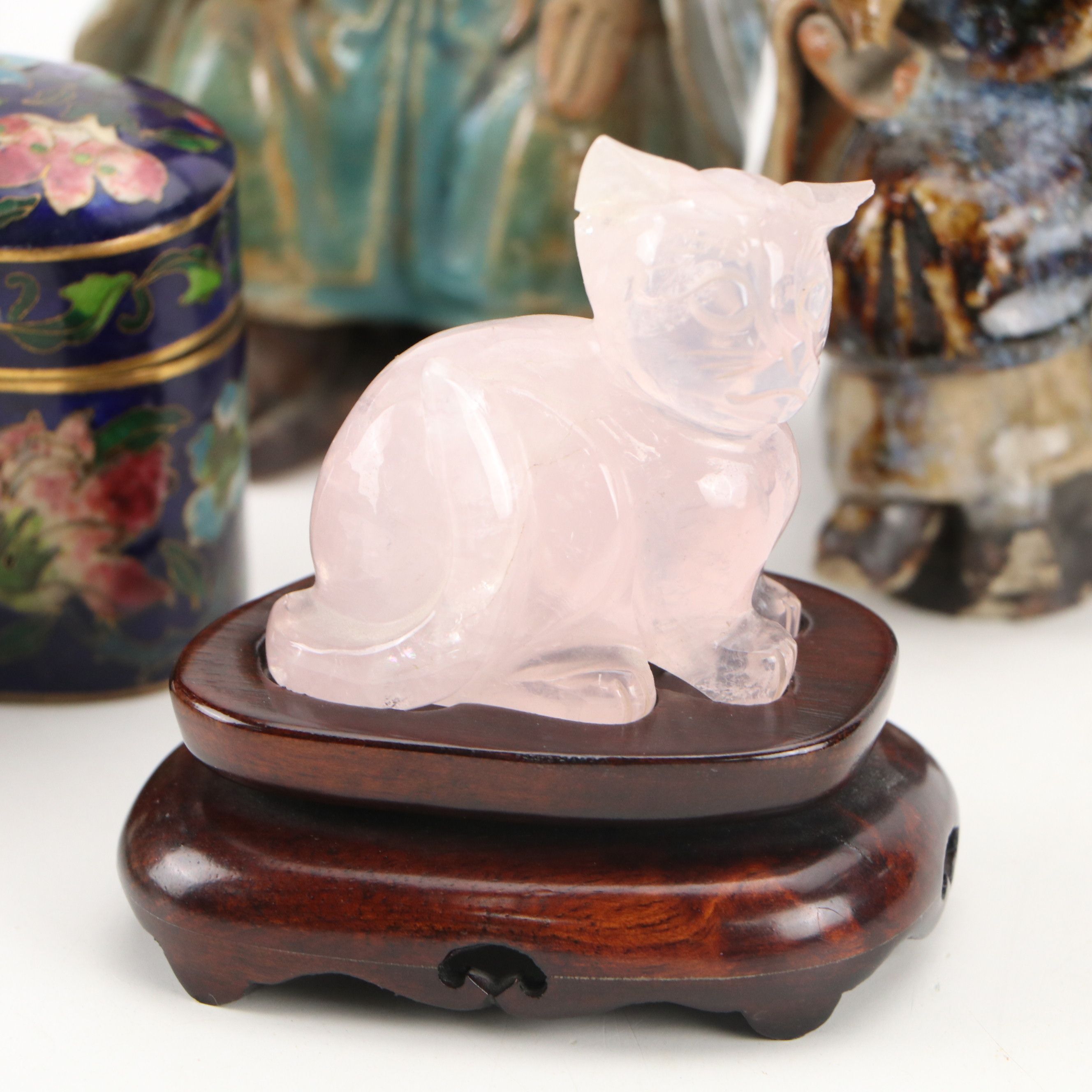 Rose Quartz Cat Figurine, Soapstone Chop Seal, and Other Collectibles