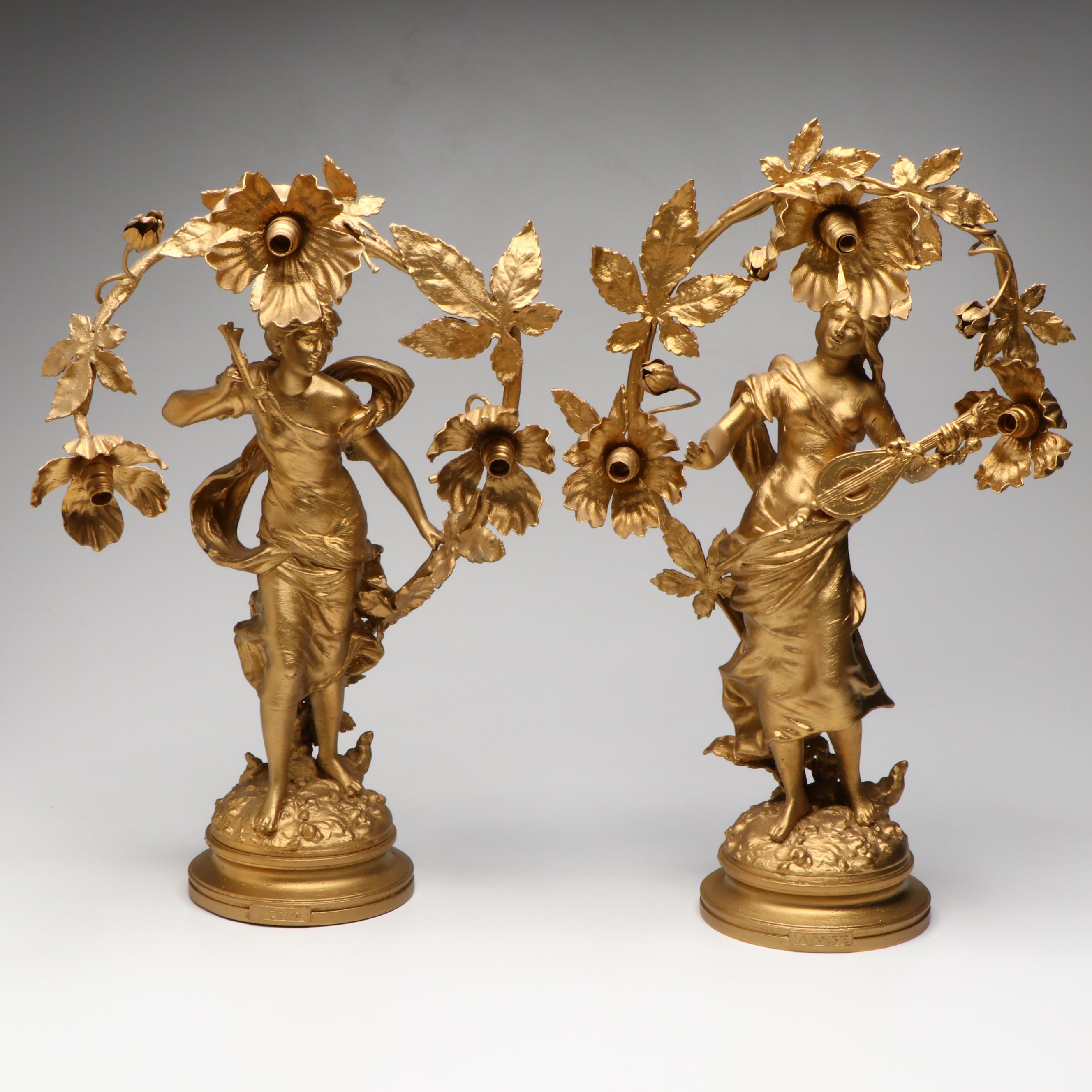 Rococo Style "La poésie" and "L'écho" Gold Gilt Metal Table Lamps