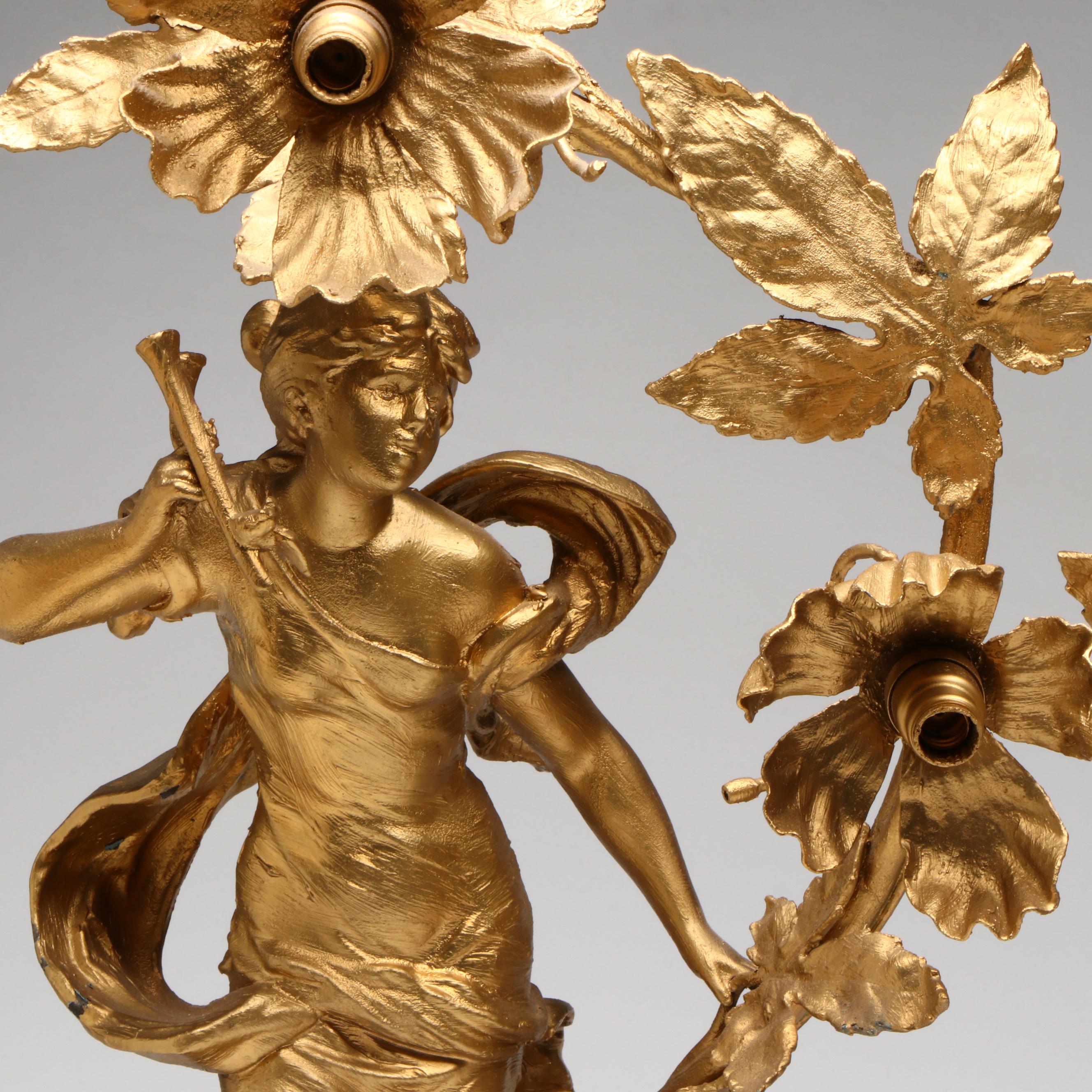 Rococo Style "La poésie" and "L'écho" Gold Gilt Metal Table Lamps
