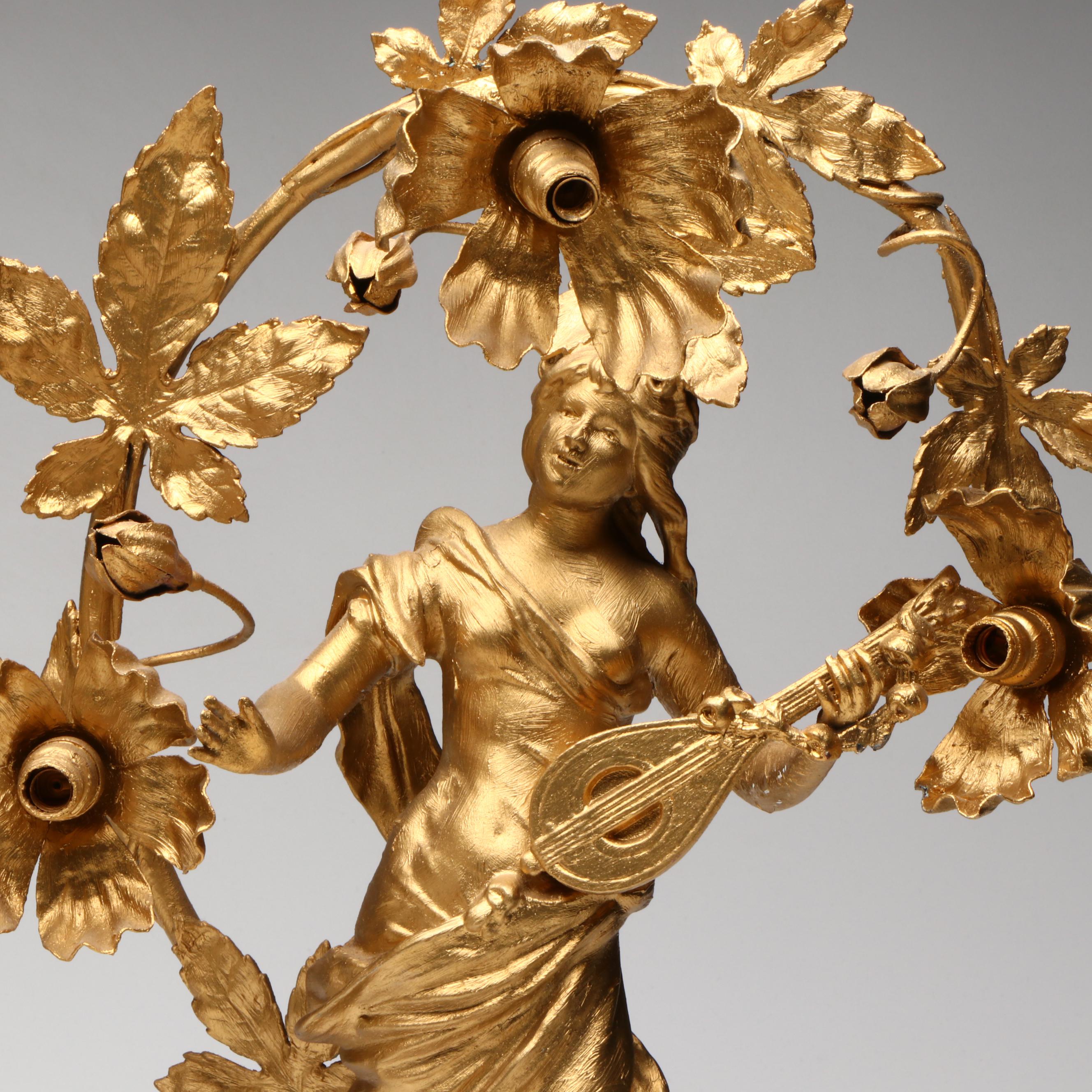 Rococo Style "La poésie" and "L'écho" Gold Gilt Metal Table Lamps