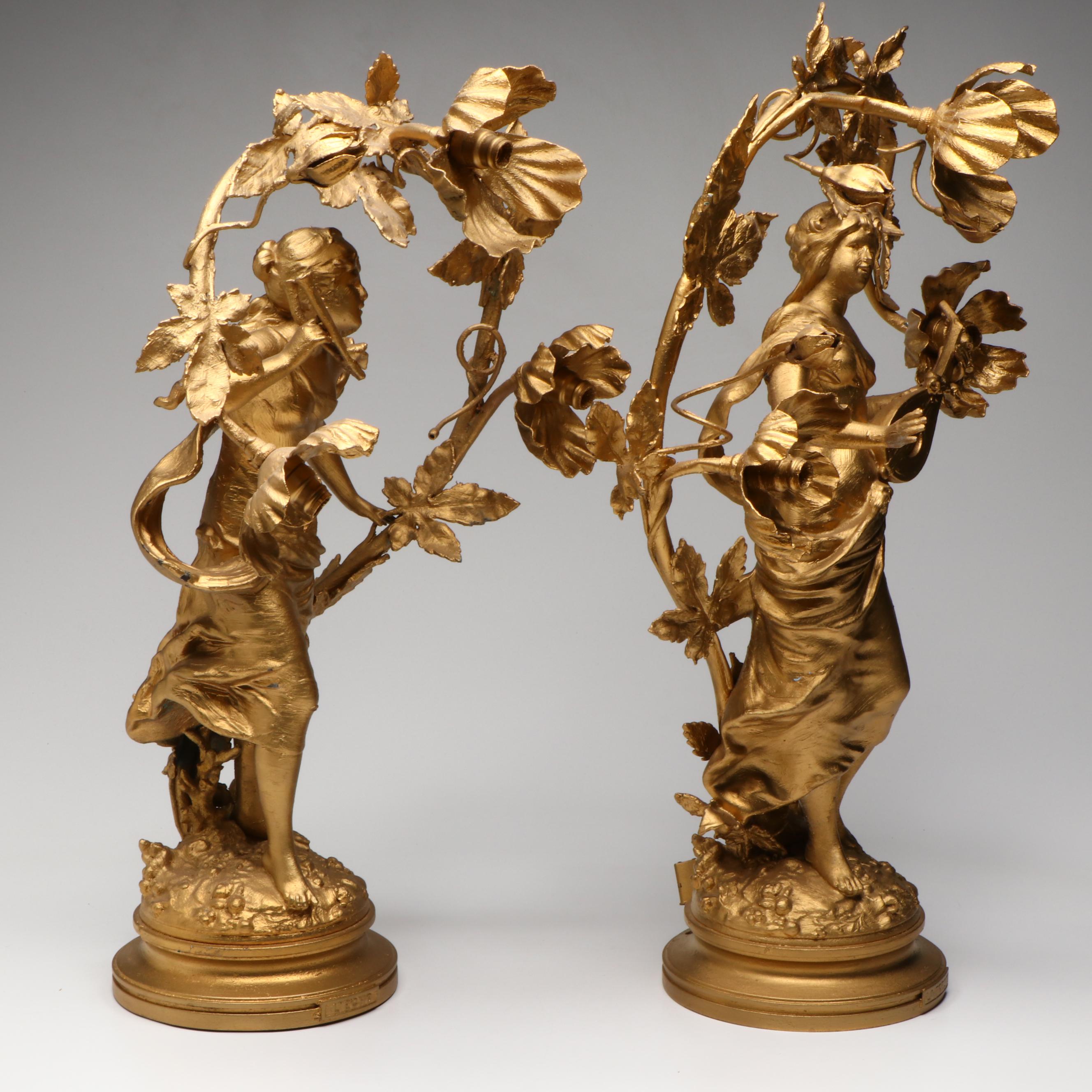 Rococo Style "La poésie" and "L'écho" Gold Gilt Metal Table Lamps