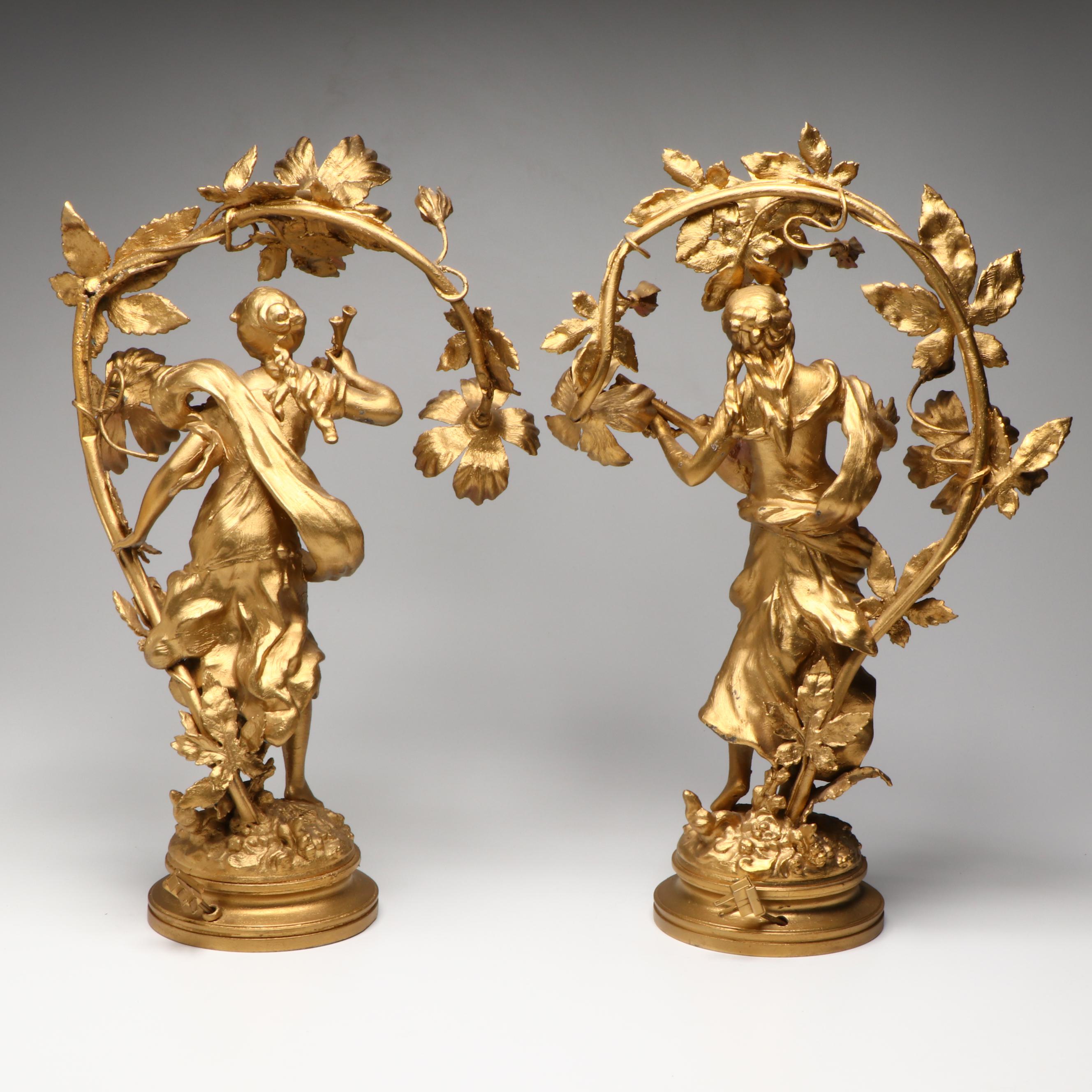 Rococo Style "La poésie" and "L'écho" Gold Gilt Metal Table Lamps