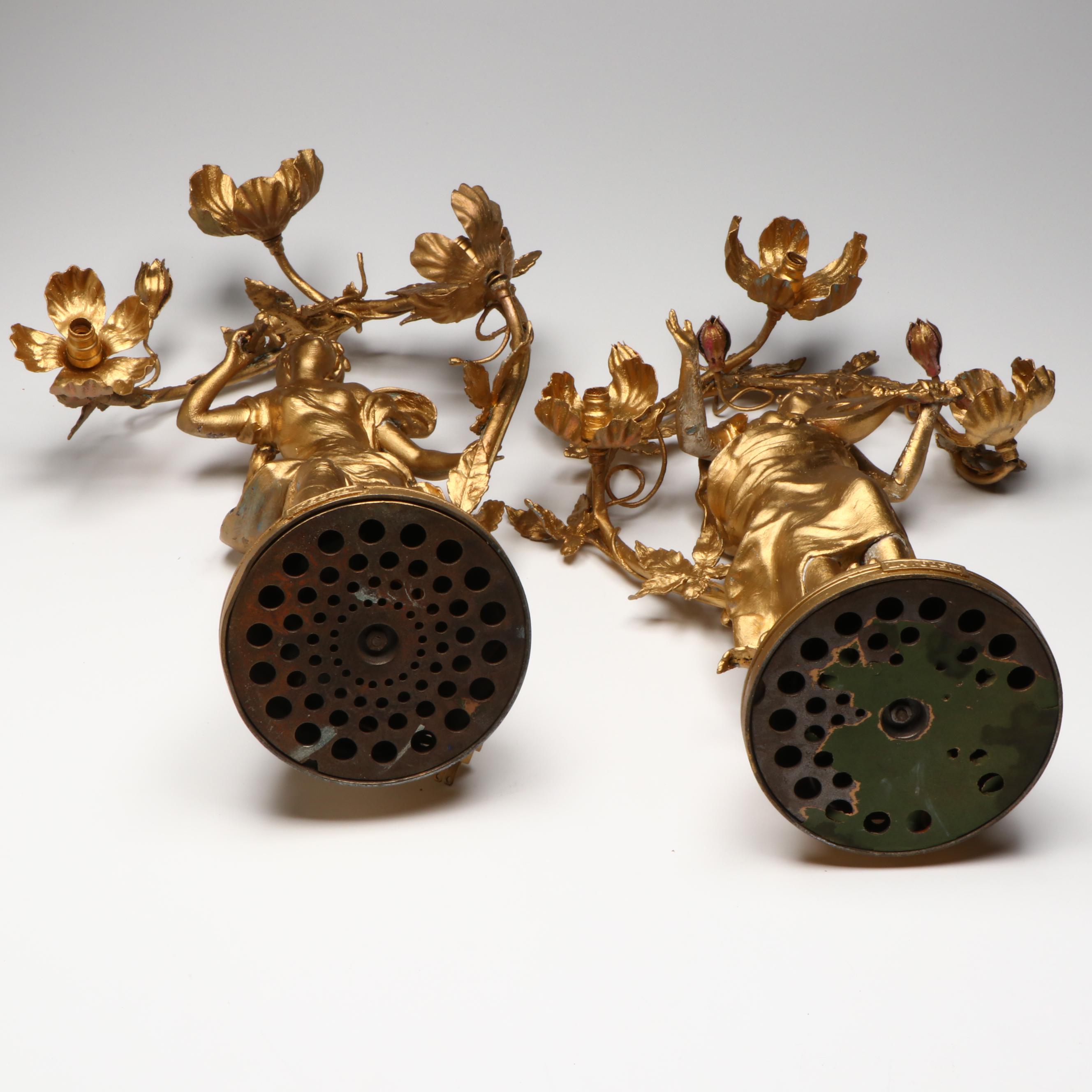 Rococo Style "La poésie" and "L'écho" Gold Gilt Metal Table Lamps