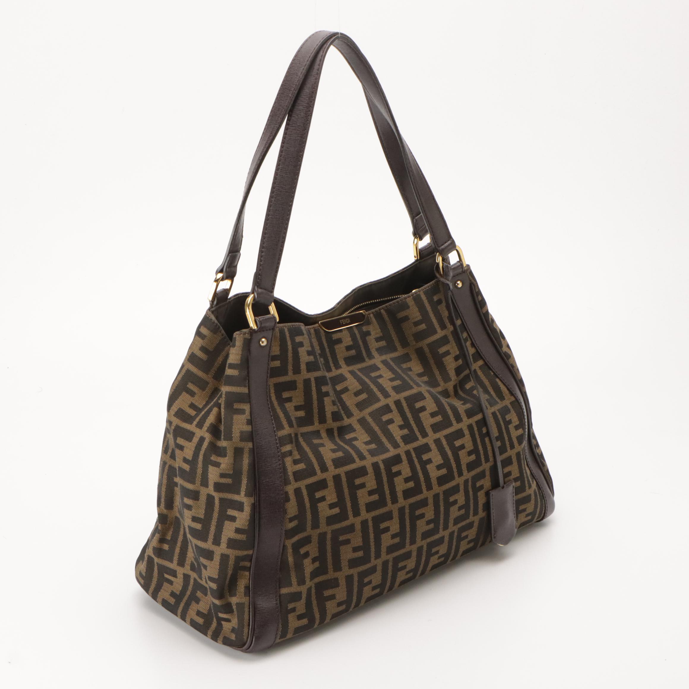 Fendi Hobo Shoulder Bag in Zucca Jacquard Canvas and Brown Leather Trim