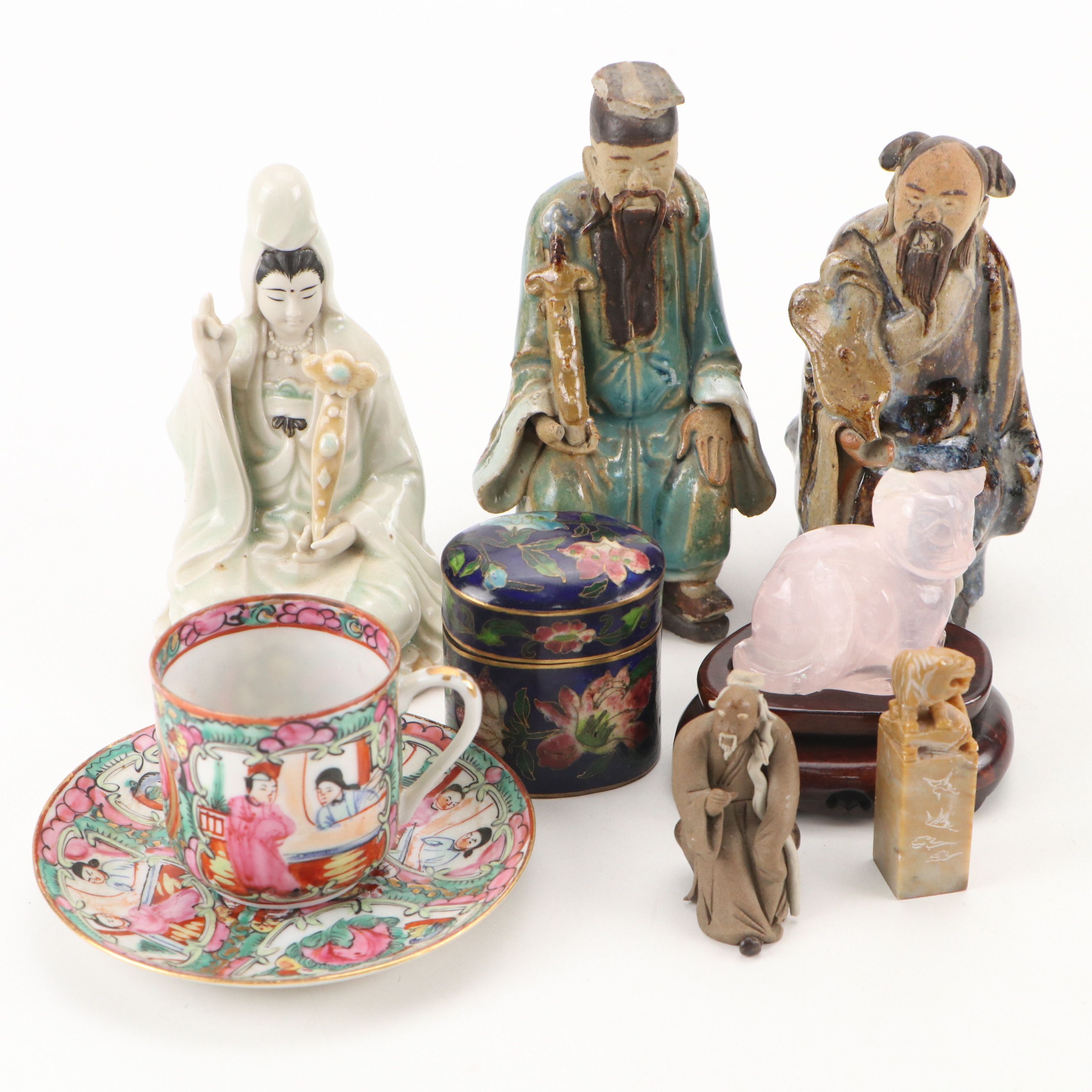 Rose Quartz Cat Figurine, Soapstone Chop Seal, and Other Collectibles