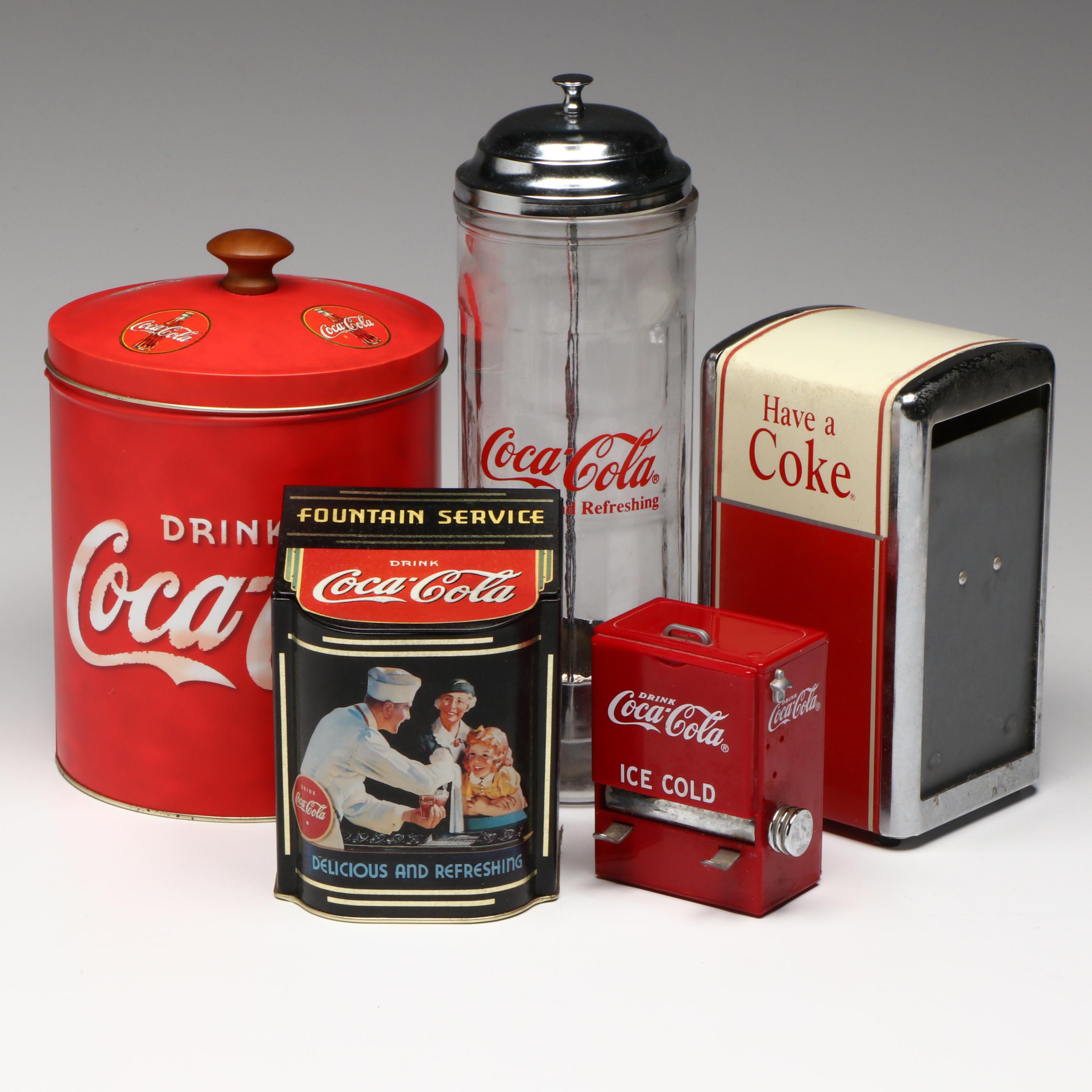Coca-Cola Branded Napkin Dispenser, Toothpick Holder, Tins & More, Late 20th C.