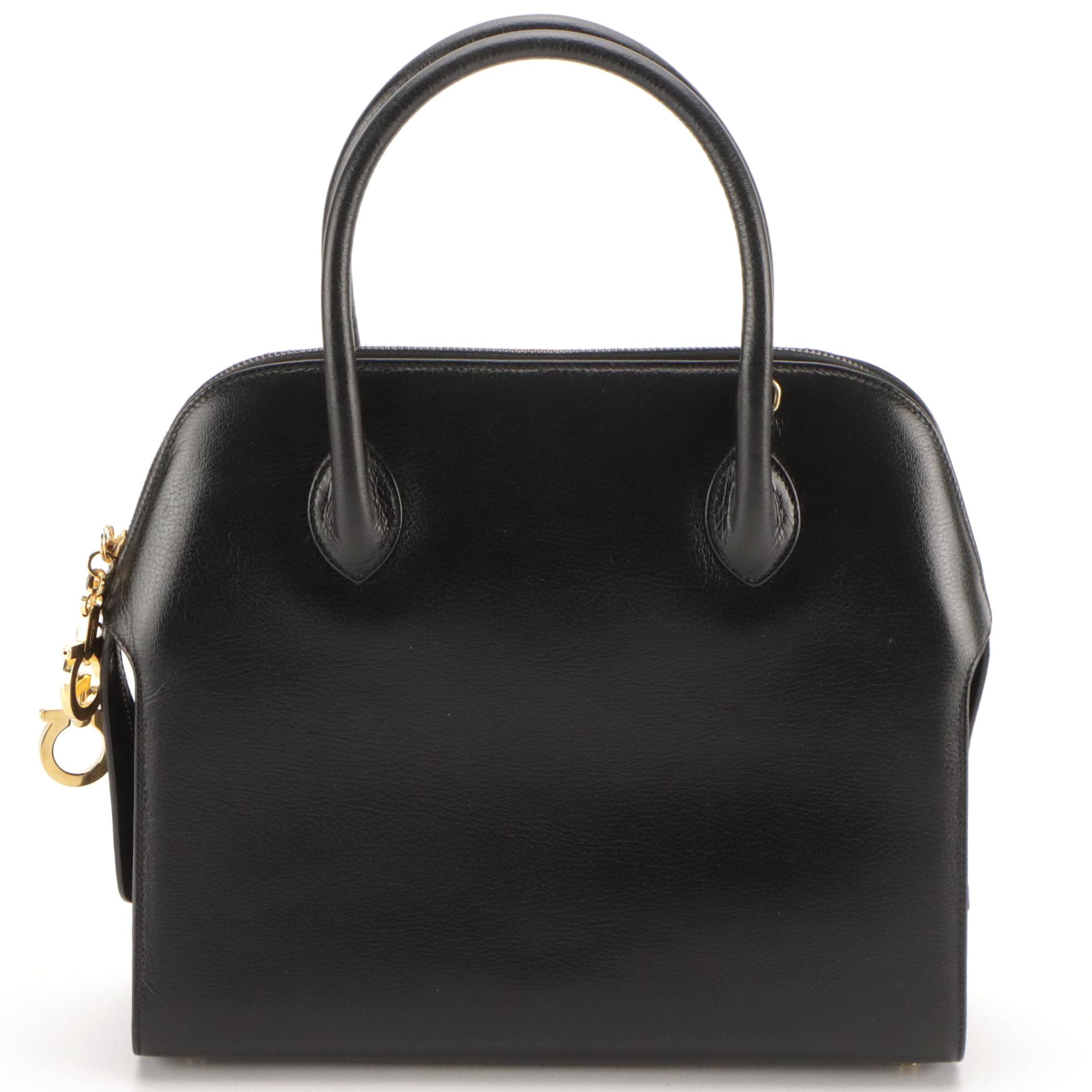 Salvatore Ferragamo Black Grain Leather Two-Way Bag with Gancini Zip
