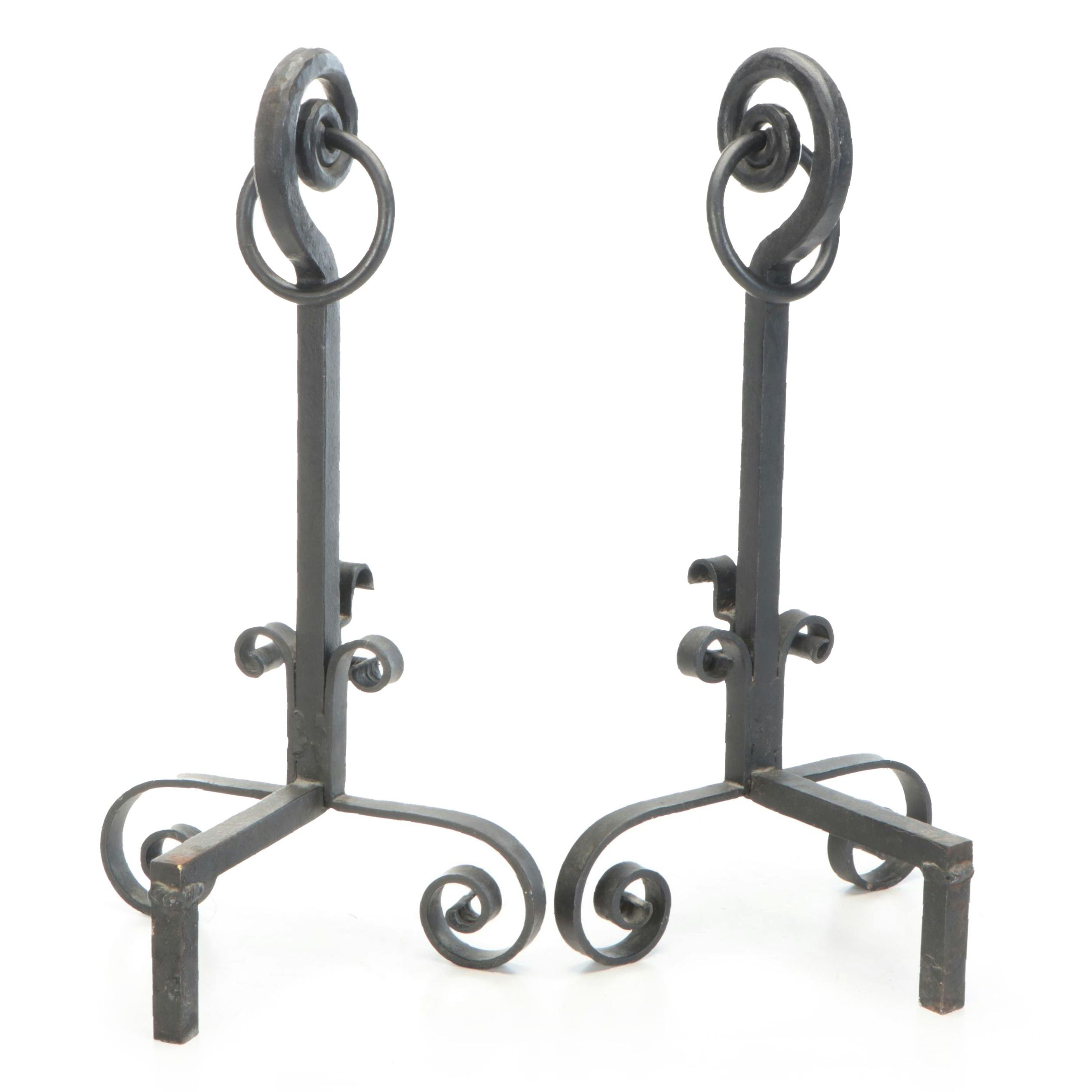 Arts & Crafts Style Scrolled Wrought Iron Andirons