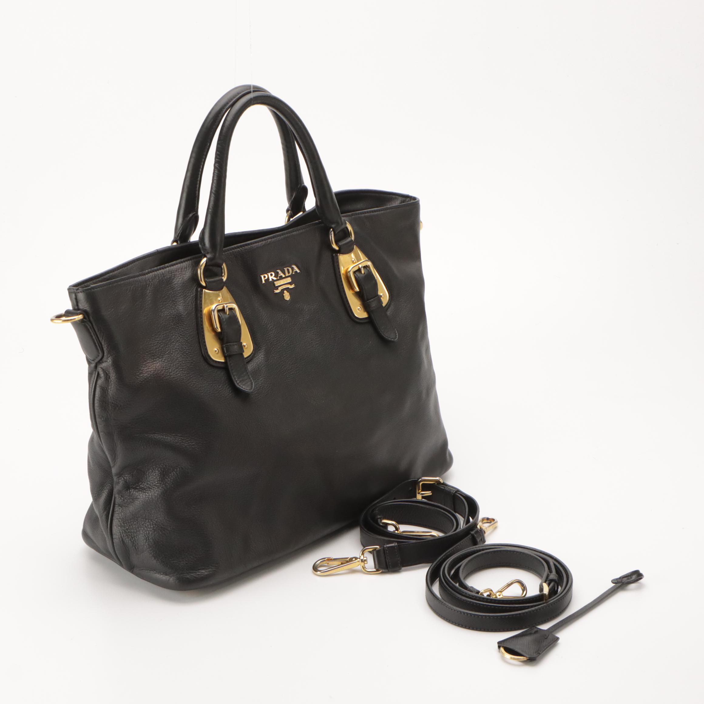Prada Black Leather 2-Way Convertible Bag, Saffiano Leather Strap and Clochette