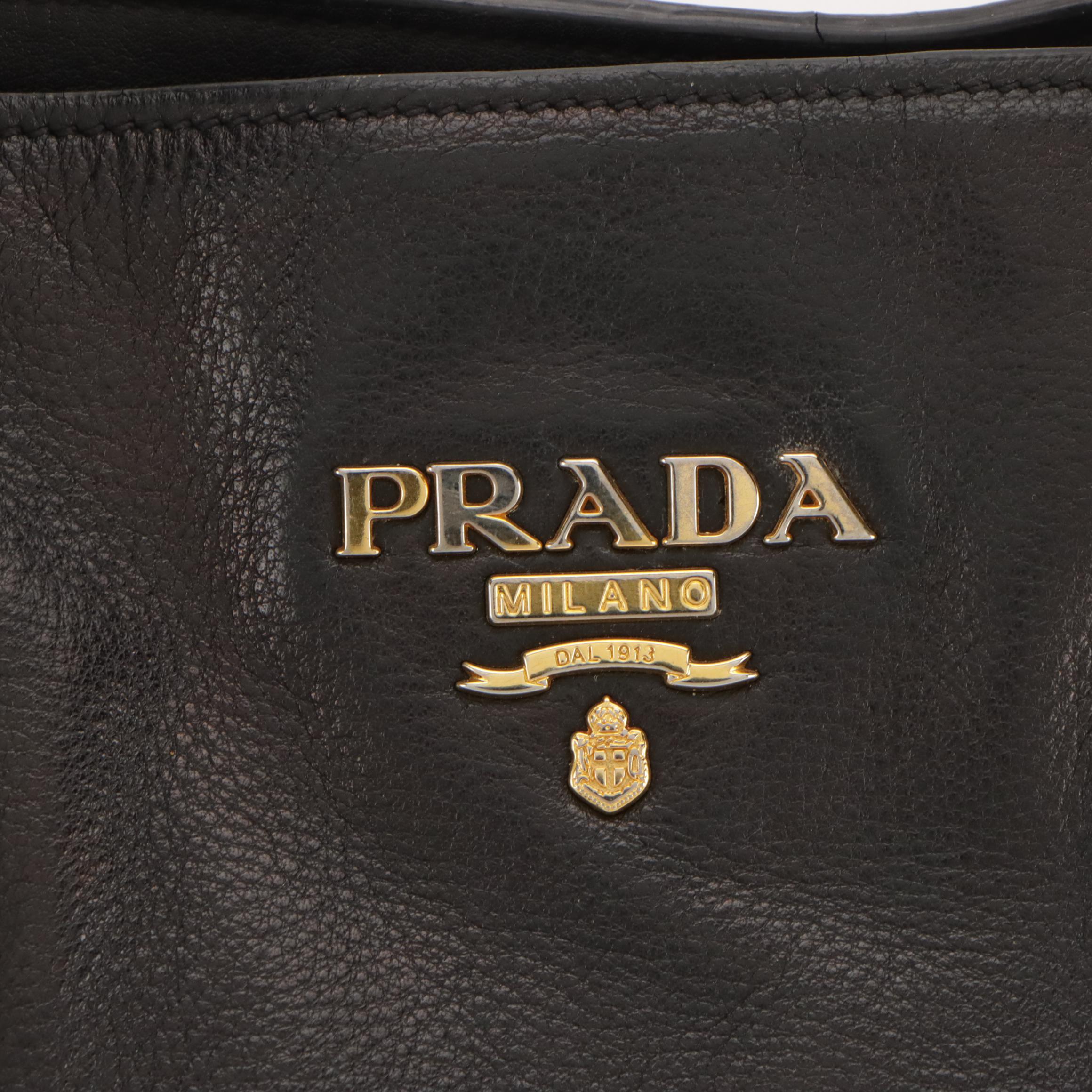 Prada Black Leather 2-Way Convertible Bag, Saffiano Leather Strap and Clochette