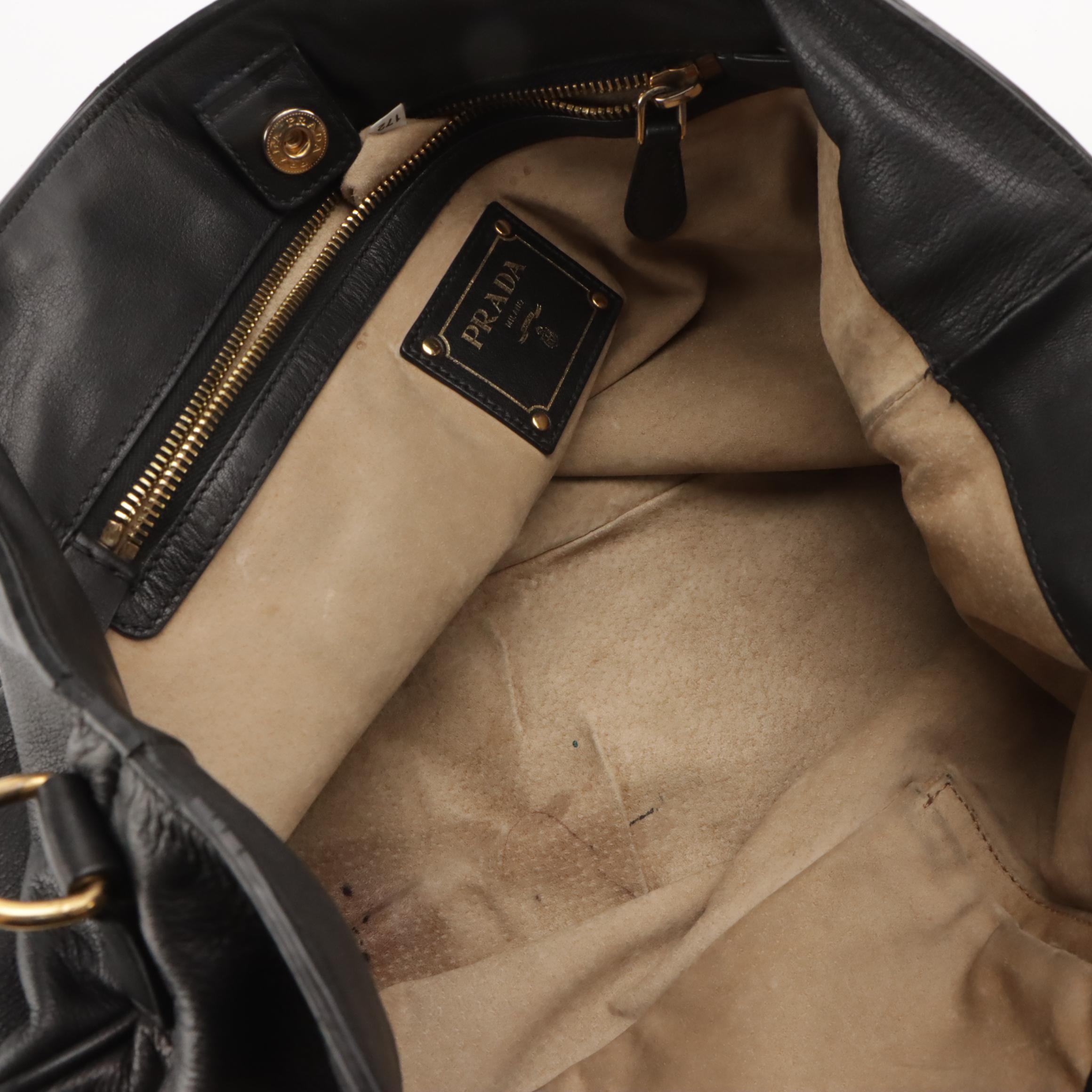 Prada Black Leather 2-Way Convertible Bag, Saffiano Leather Strap and Clochette