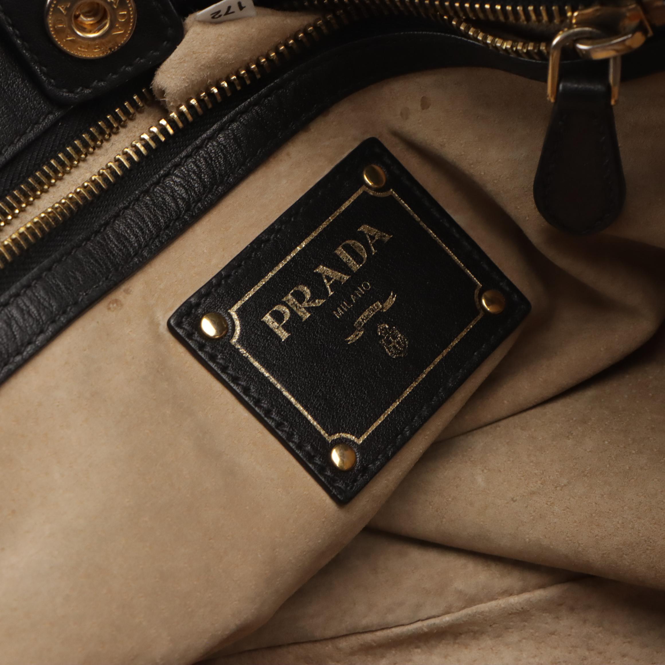 Prada Black Leather 2-Way Convertible Bag, Saffiano Leather Strap and Clochette