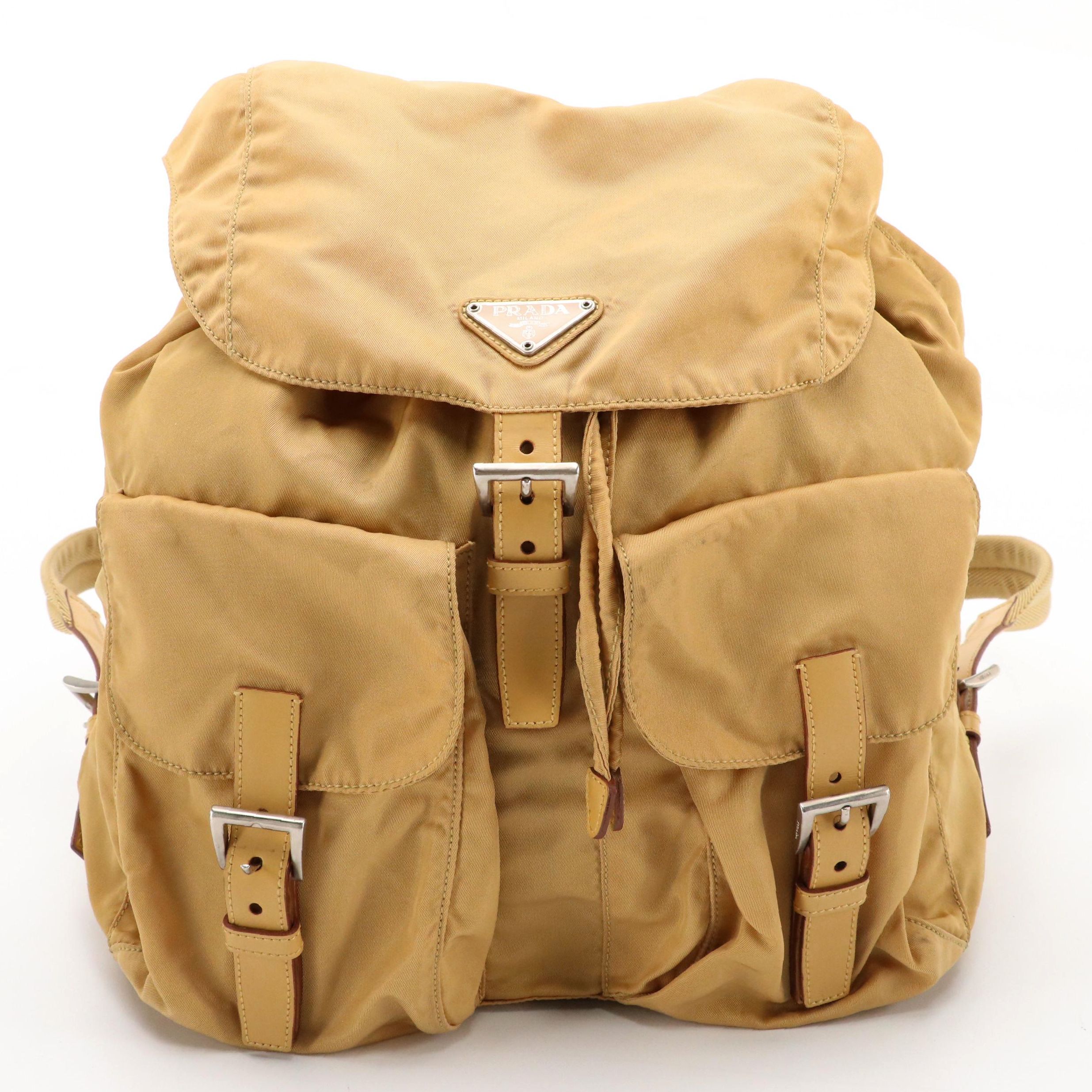 Prada Rucksack Backpack in Neutral Tessuto Nylon and Leather Trim