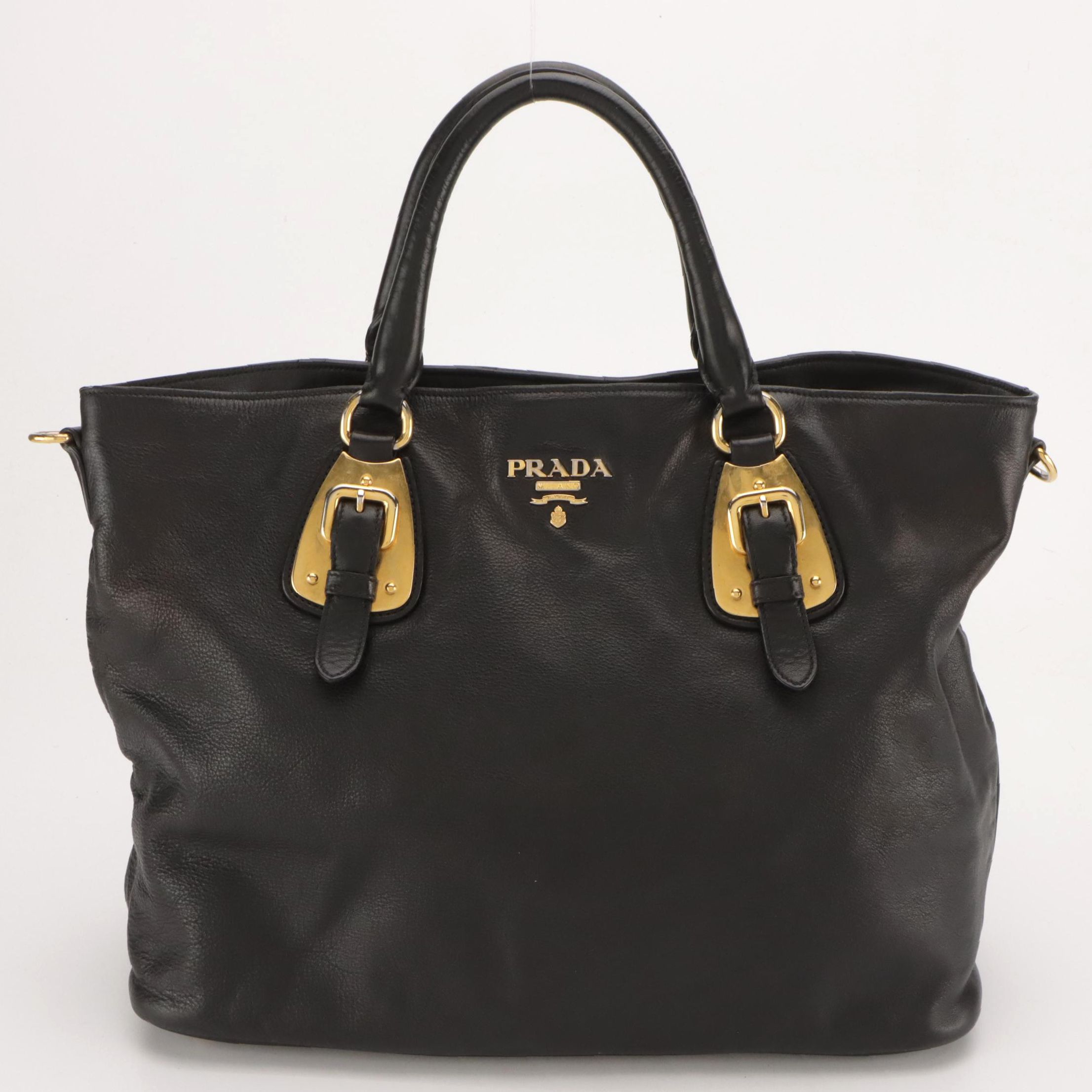 Prada Black Leather 2-Way Convertible Bag, Saffiano Leather Strap and Clochette