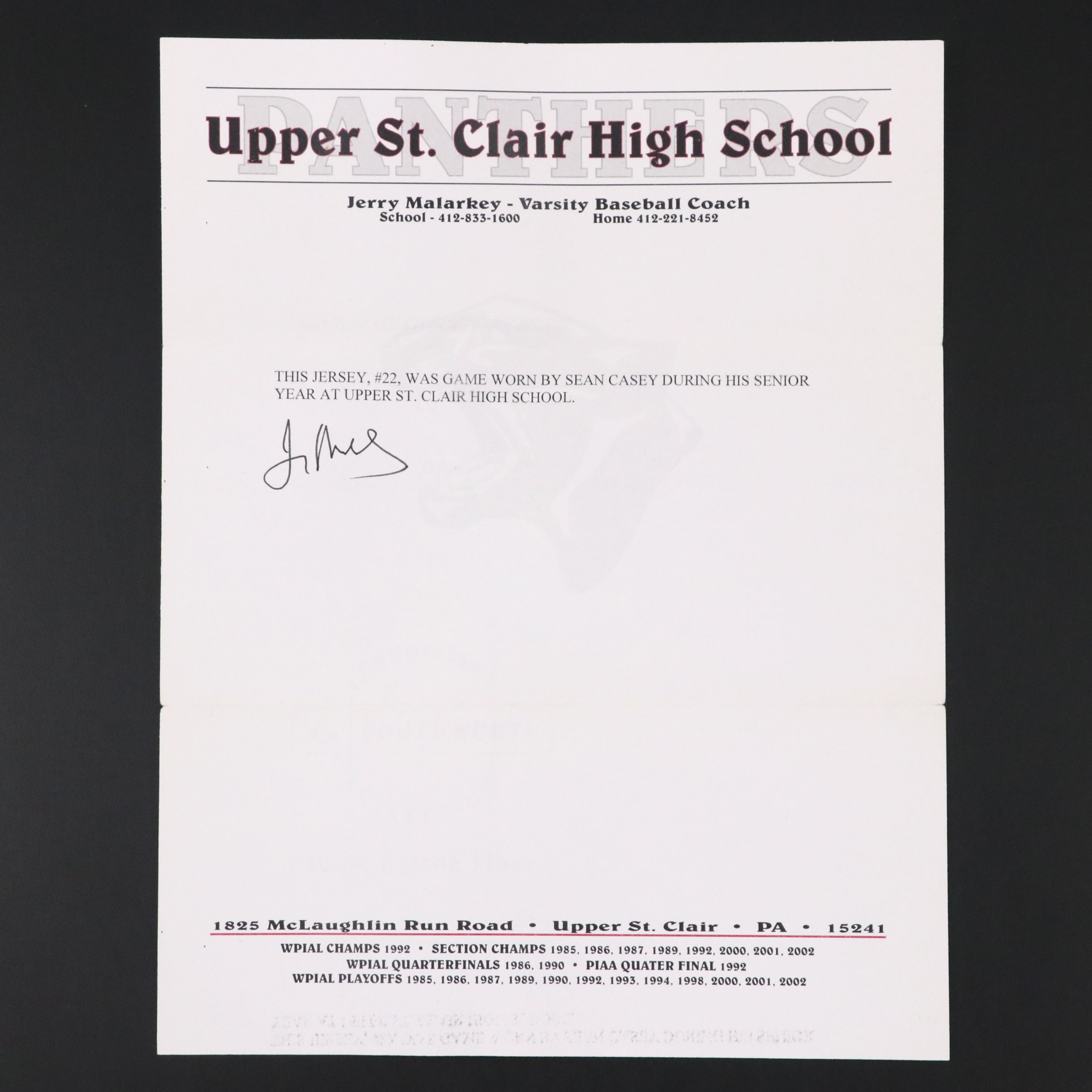 Sean Casey Game Worn and Signed Upper St. Clair High School Baseball Jersey