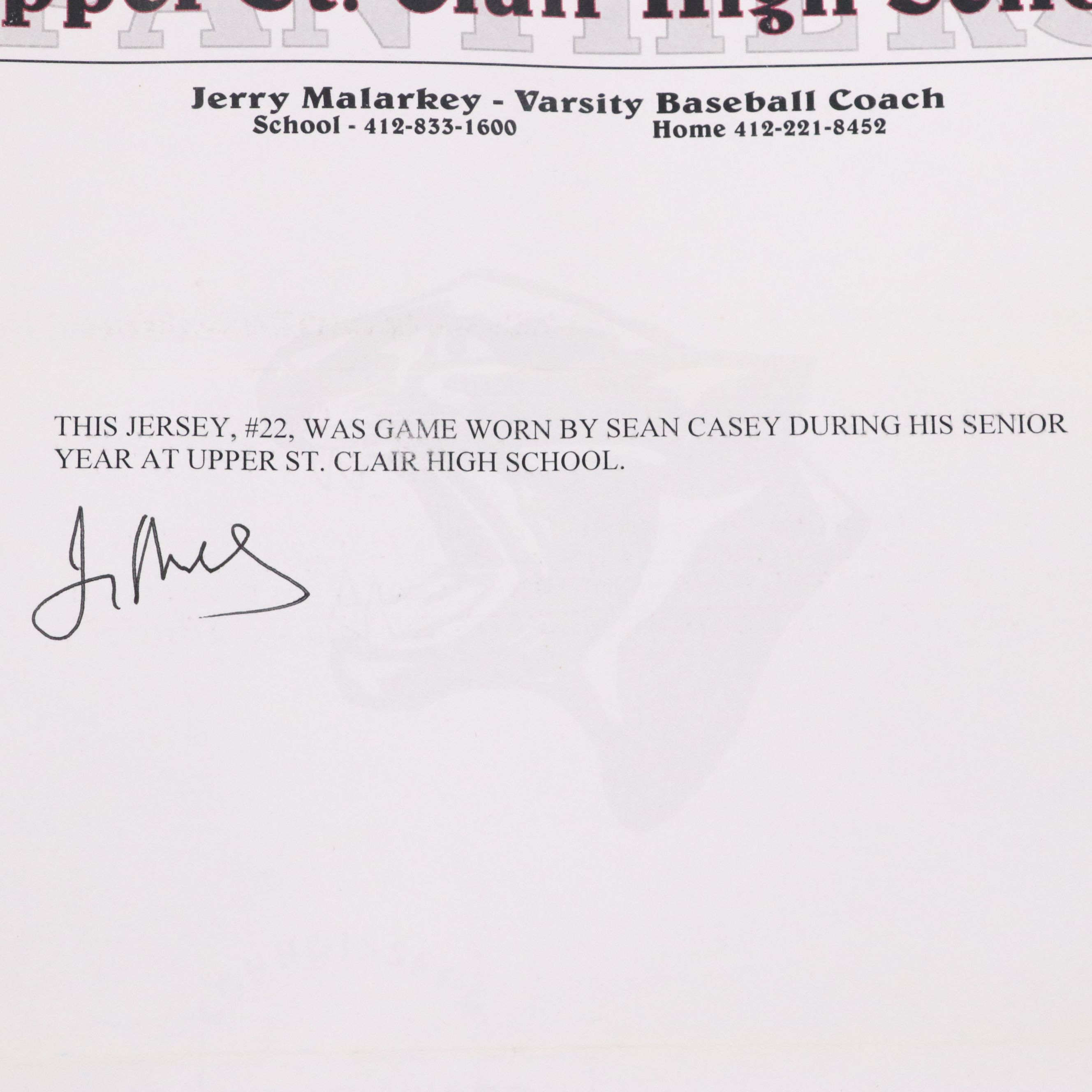 Sean Casey Game Worn and Signed Upper St. Clair High School Baseball Jersey