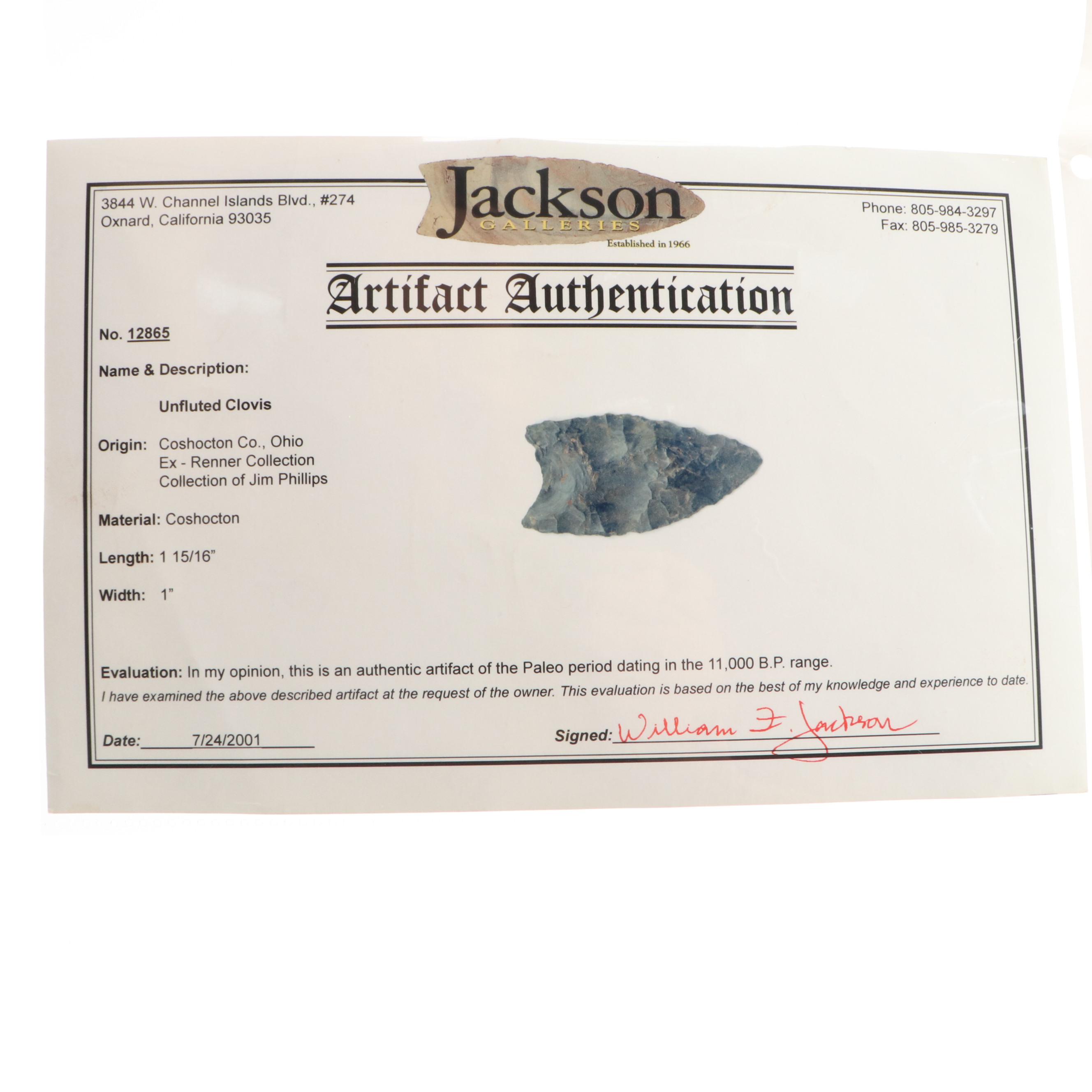 Coshocton Chert Unfluted Clovis Point, Paleo Period