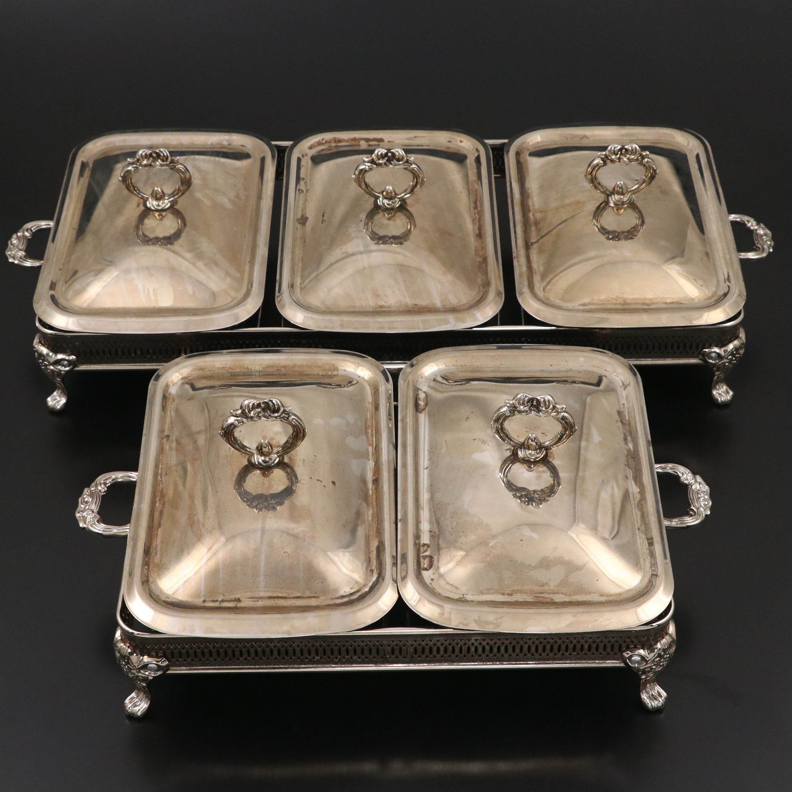 Victorian Style Silver Plate Chafing Dishes with Glass Inserts