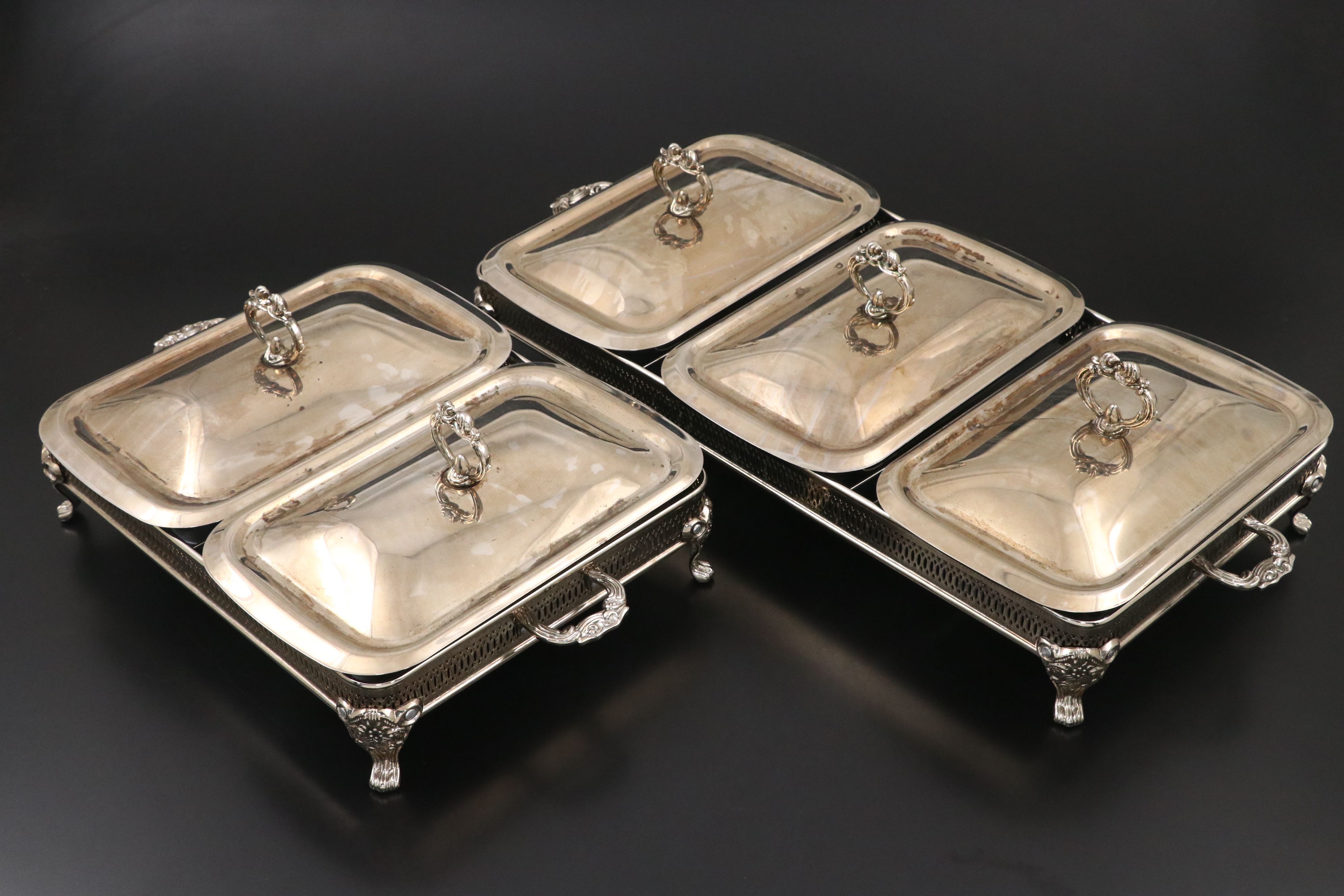 Victorian Style Silver Plate Chafing Dishes with Glass Inserts