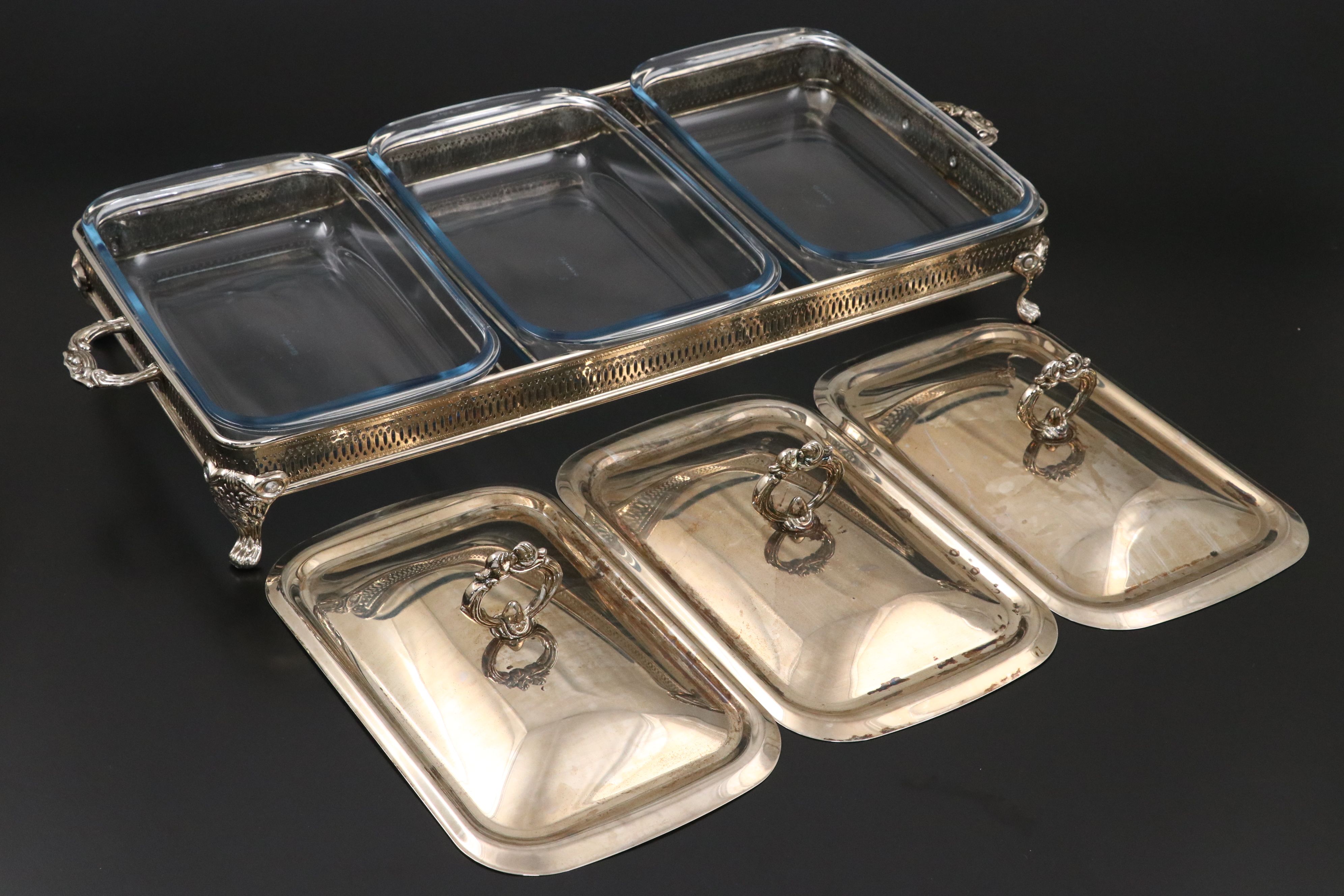 Victorian Style Silver Plate Chafing Dishes with Glass Inserts